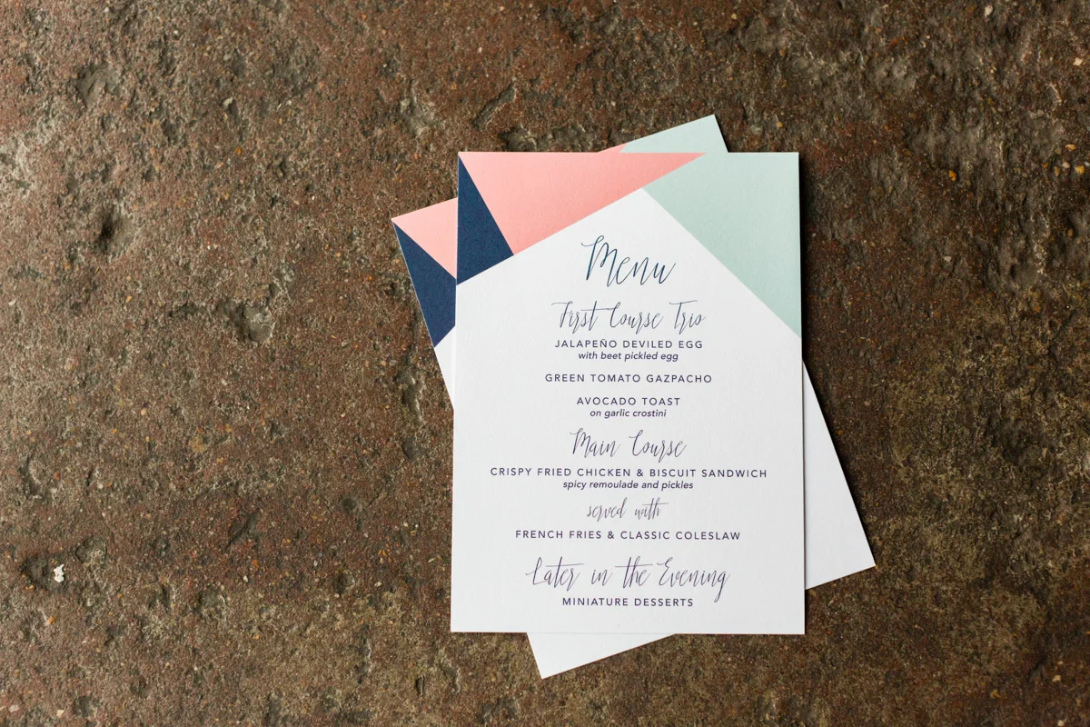 Modern geometric wedding reception dinner menus at Longview Gallery DC, Planning by Bella Notte and Photo by Lisa Boggs Photography
