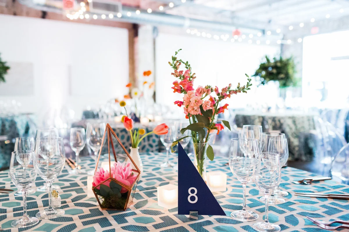 Modern geometric wedding reception table decor at Longview Gallery DC, Planning by Bella Notte and Photo by Lisa Boggs Photography