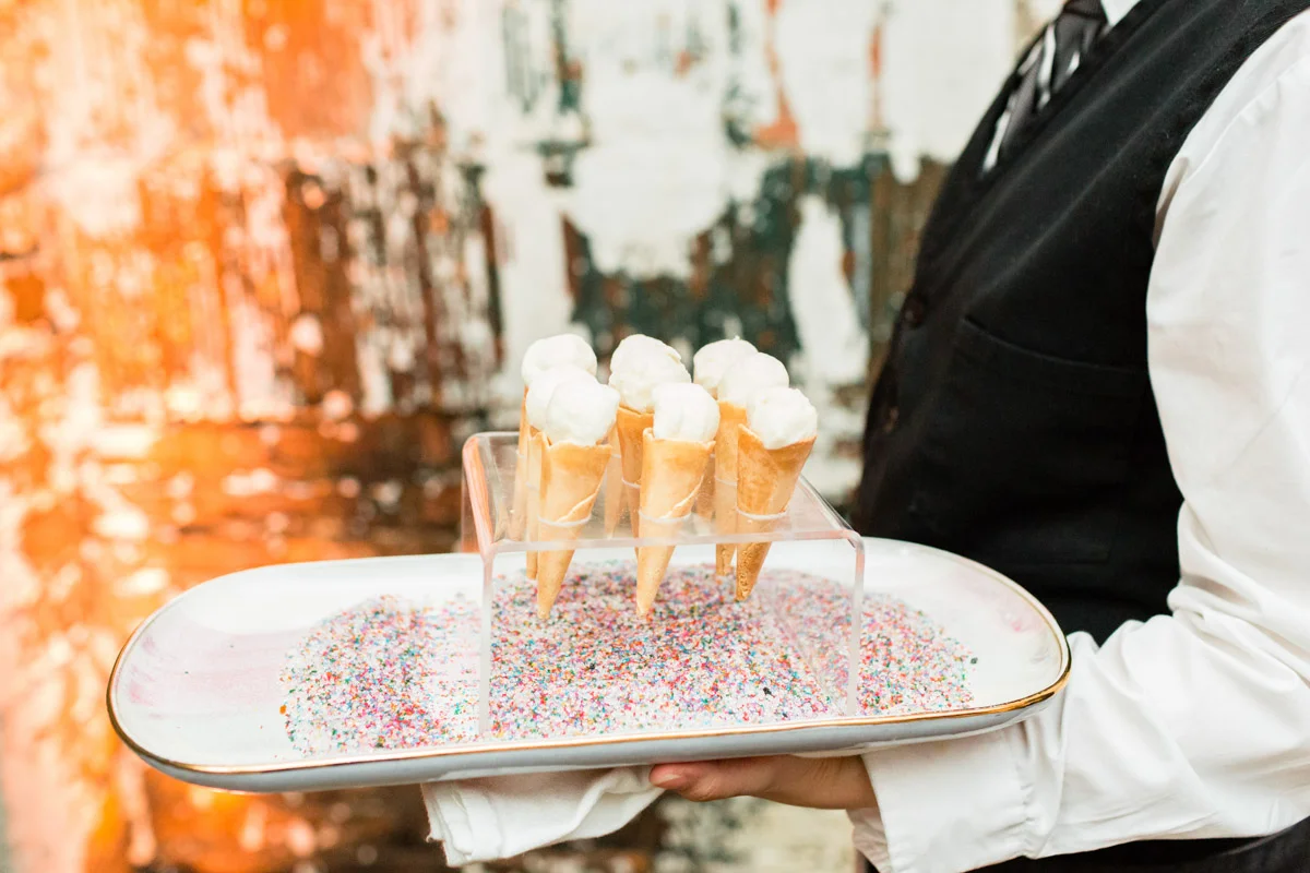 Mini ice cream cones served at Longview Gallery DC wedding, Planning by Bella Notte and Photo by Lisa Boggs Photography