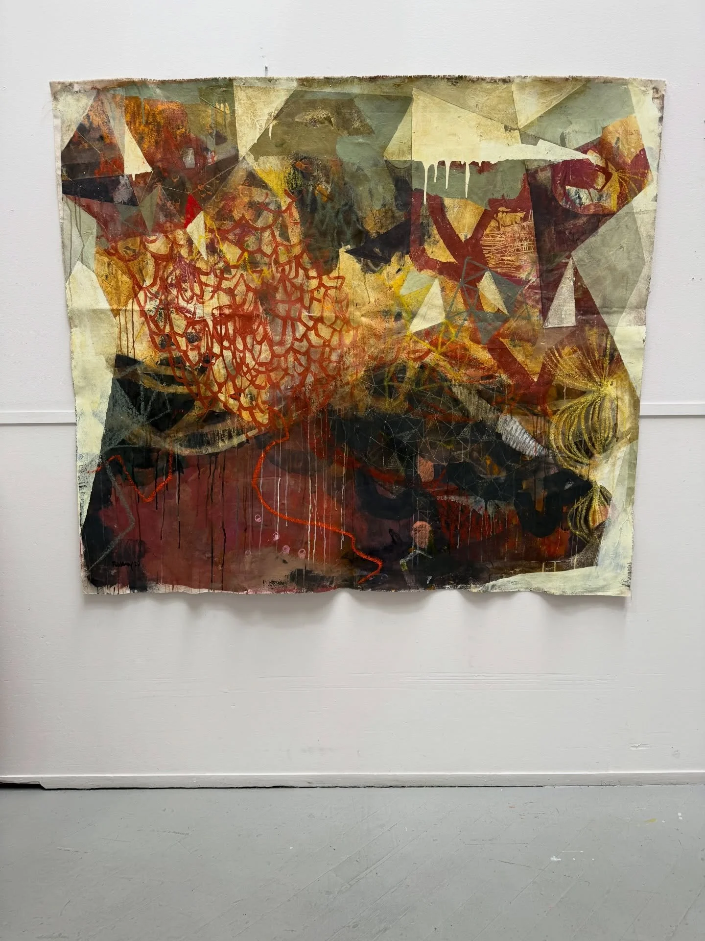 🎨 Beginnings
Mixed media on canvas, 60&rdquo; &times; 72&rdquo;
From the Container / Contained series

This work approaches the idea of origin as both ecological and psychological&mdash;a center where life begins, is held, and takes form.

The surfa