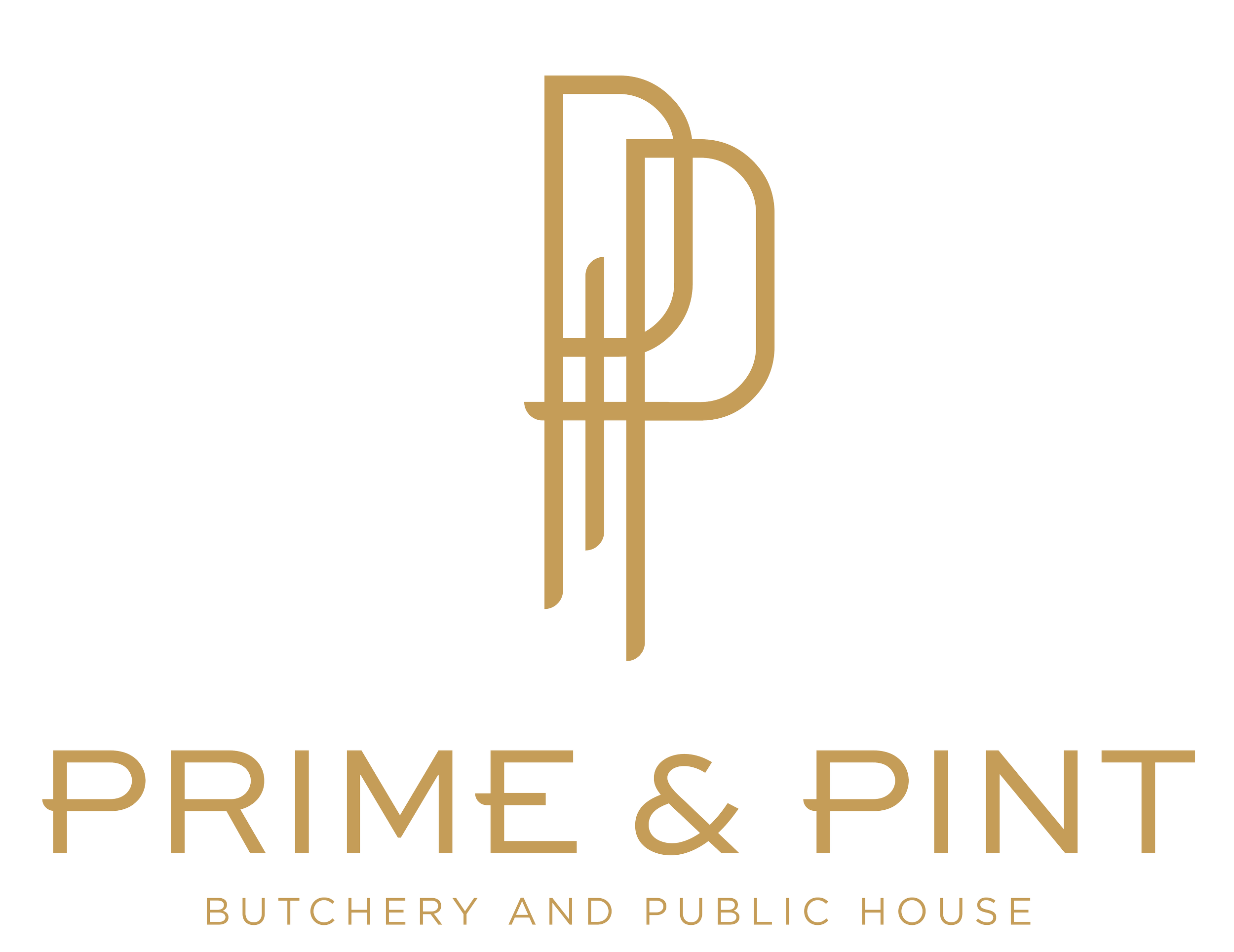 Logo of Prime & Prime, a butchery and pub, featuring a stylized 'P' and 'D' intertwined in gold above the text 'PRIME & PRIME' and underneath in smaller text 'Butchery and Public House'.