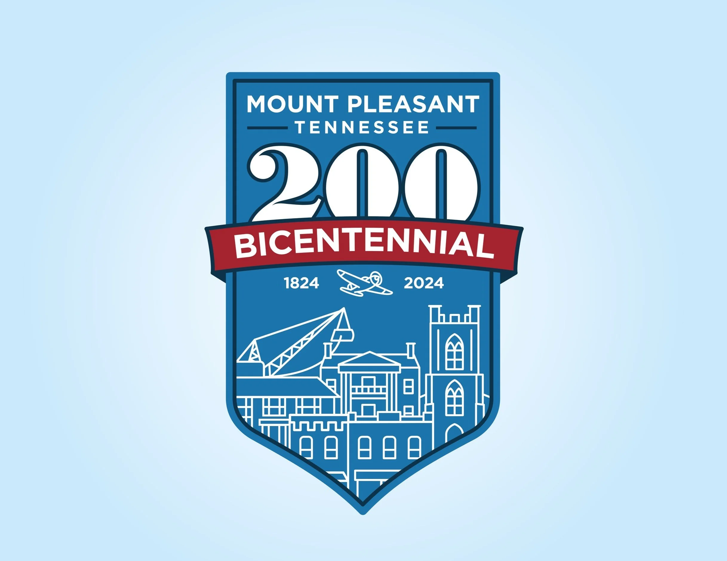 Mount Pleasant Tennessee Bicentennial badge, featuring a skyline illustration, a plane, and a crane, with the dates 1824 and 2024.