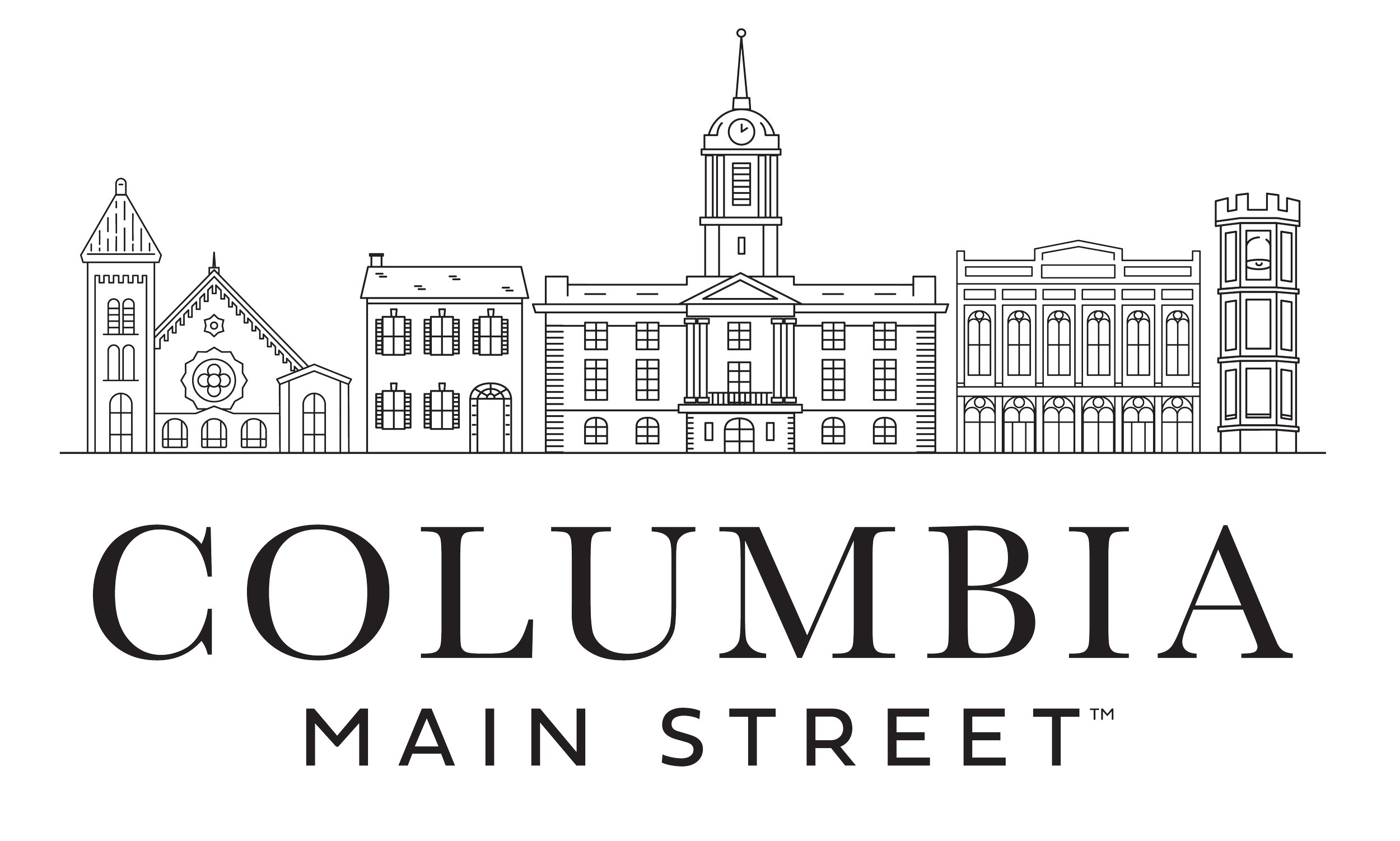 Outline drawing of historic buildings and clock tower with text 'Columbia Main Street'.