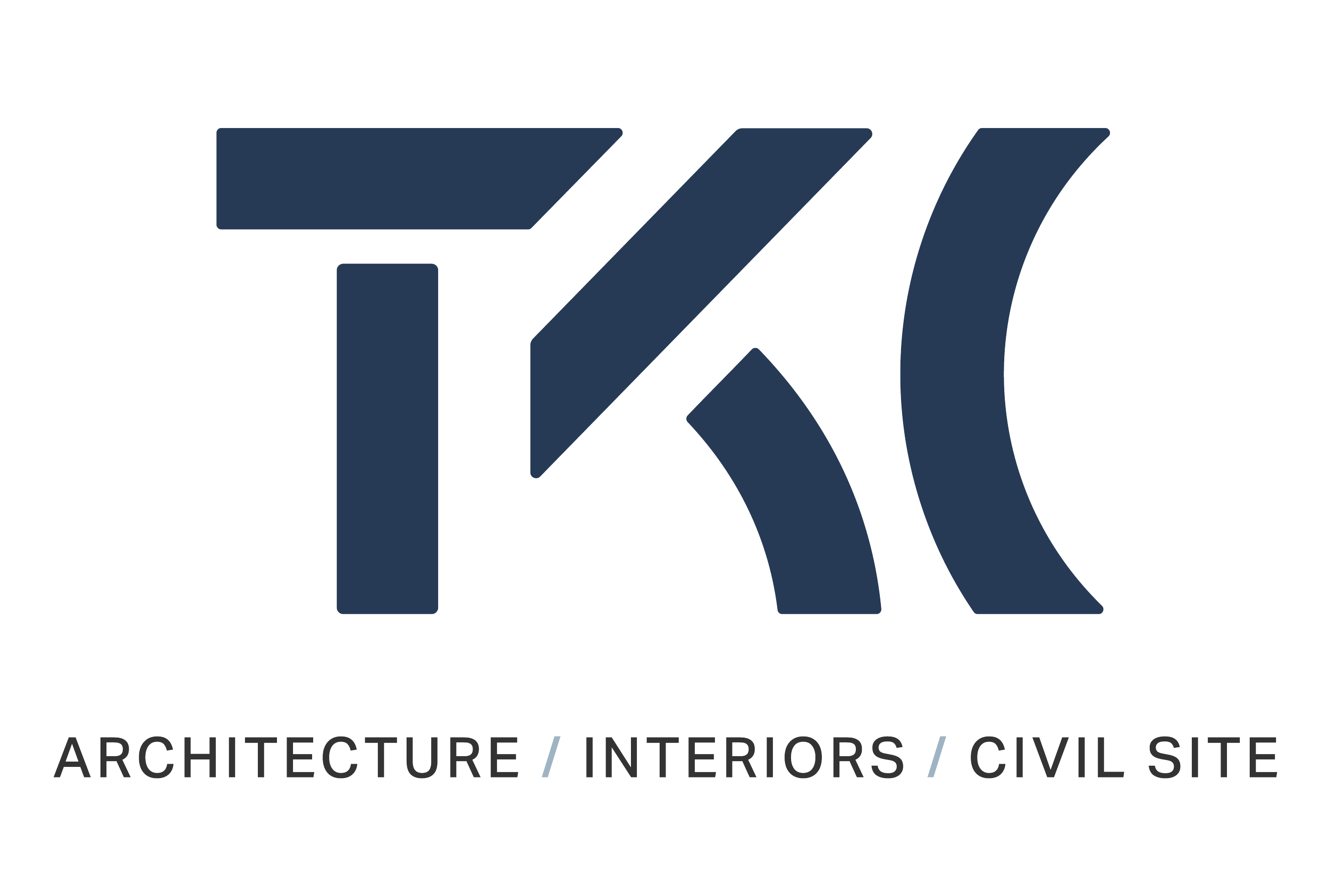 Logo for TKC Architecture, Interiors, and Civil Site, featuring stylized initials TKC in dark blue with gray text beneath.
