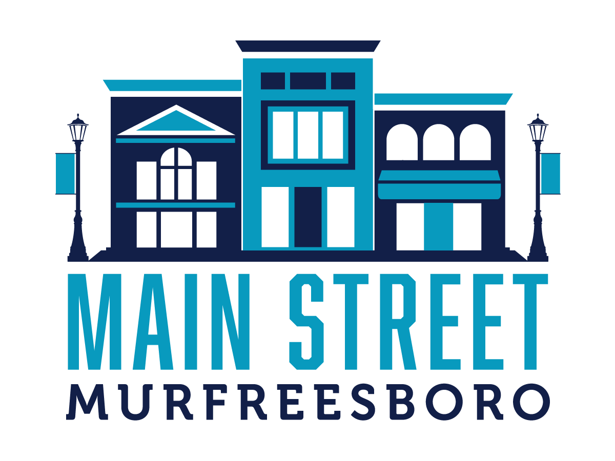 Logo for Main Street Murfreesboro featuring stylized buildings and street lamps in shades of blue.
