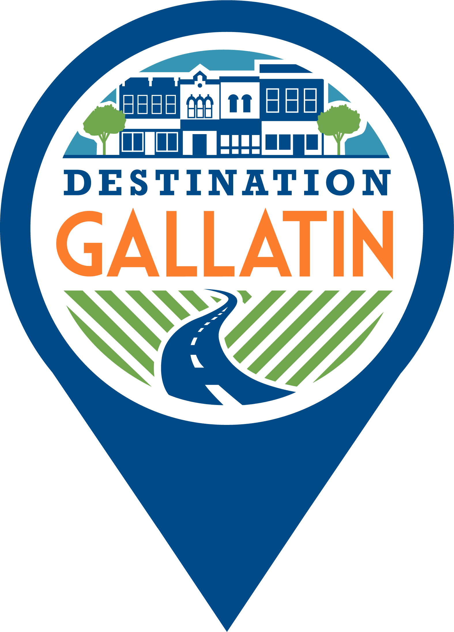 Map marker icon with a logo promoting Destination Gallatin featuring a stylized townscape, trees, a road, and farmland.