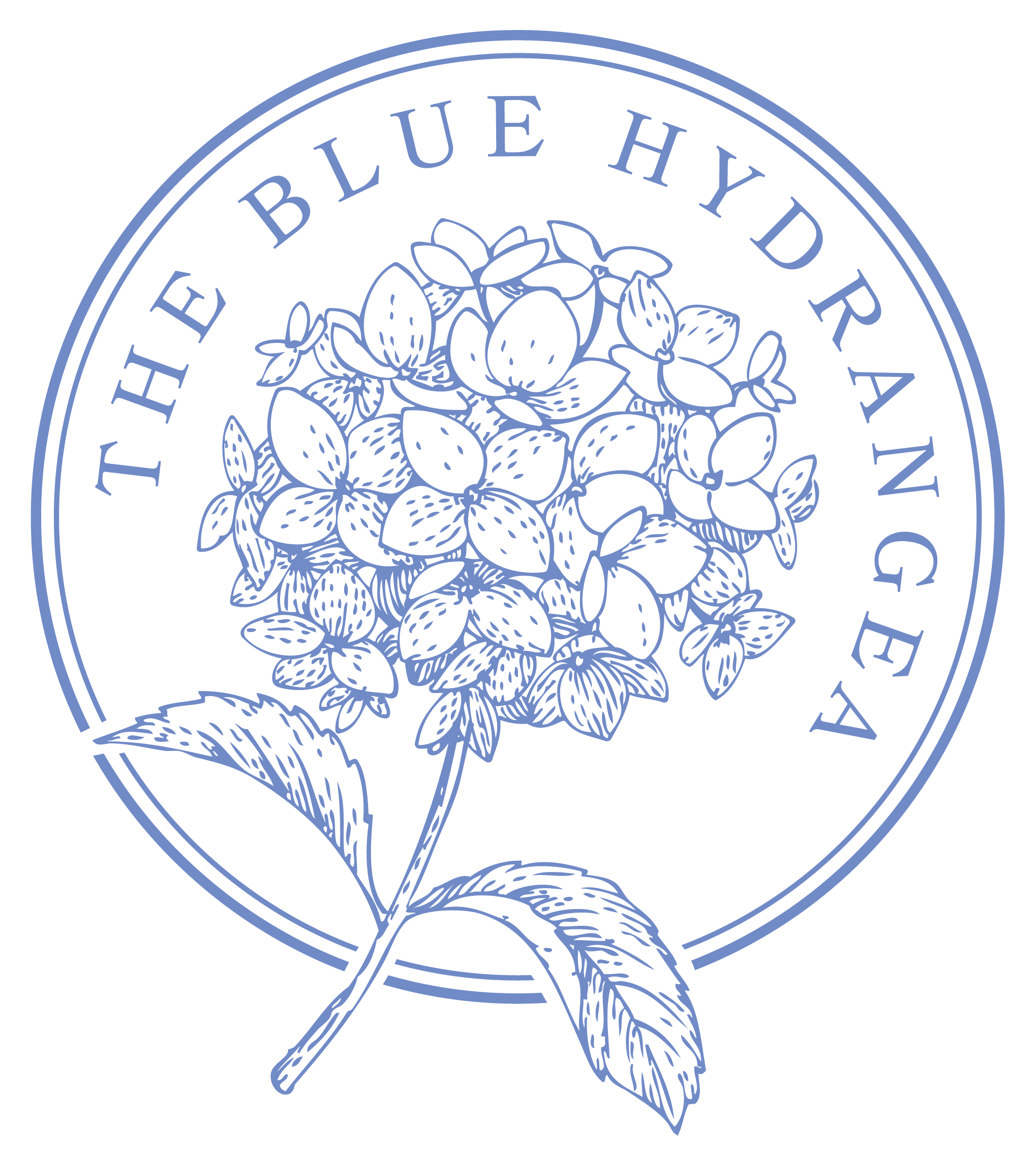 A logo for BlueHydro with an illustration of a hydrangea flower in line art style, surrounded by a circular border with the brand name.