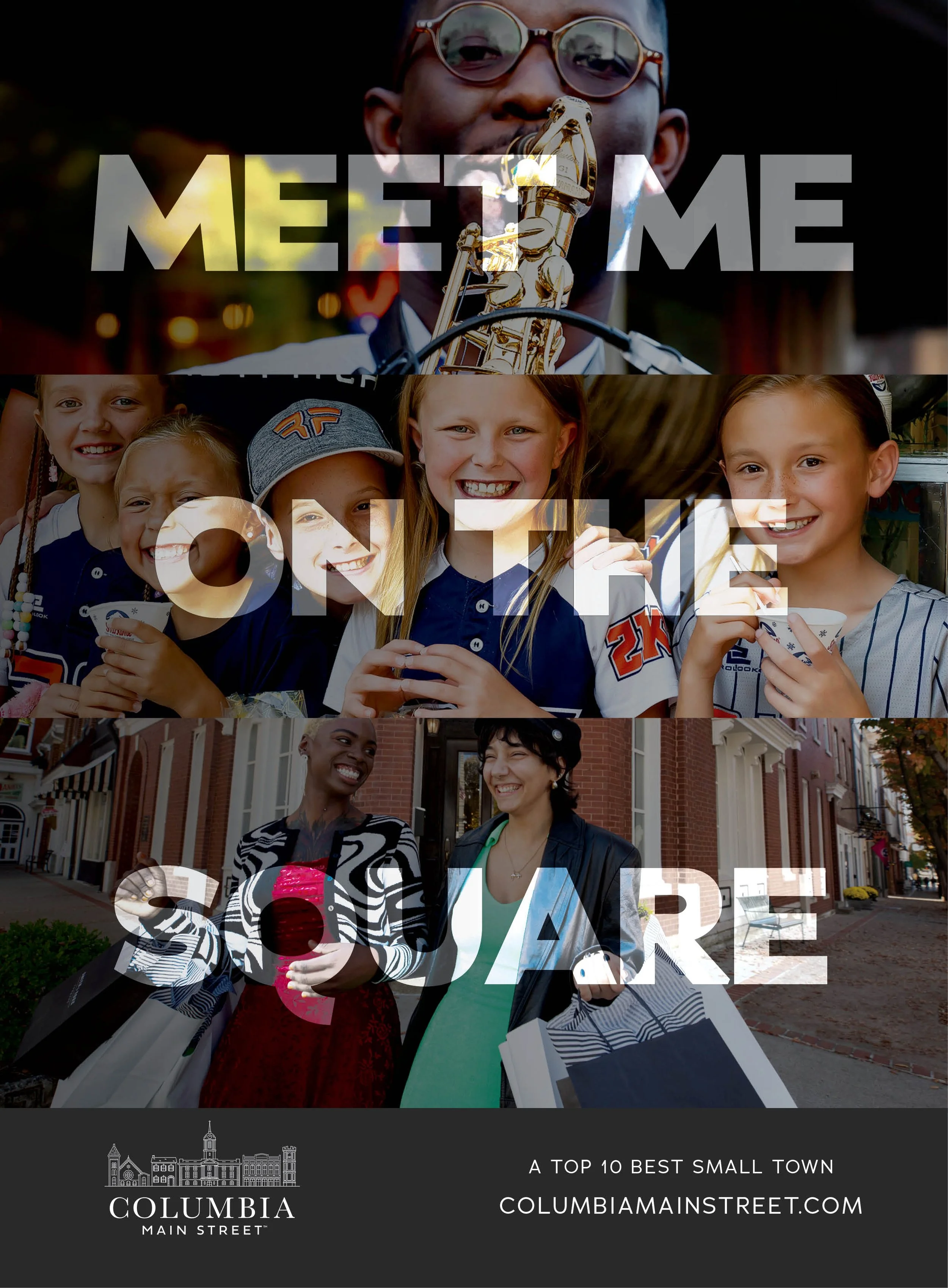 Group of diverse young women smiling and holding drinks in a small town street, with overlay text promoting Columbia Main Street as one of the top 10 best small towns.
