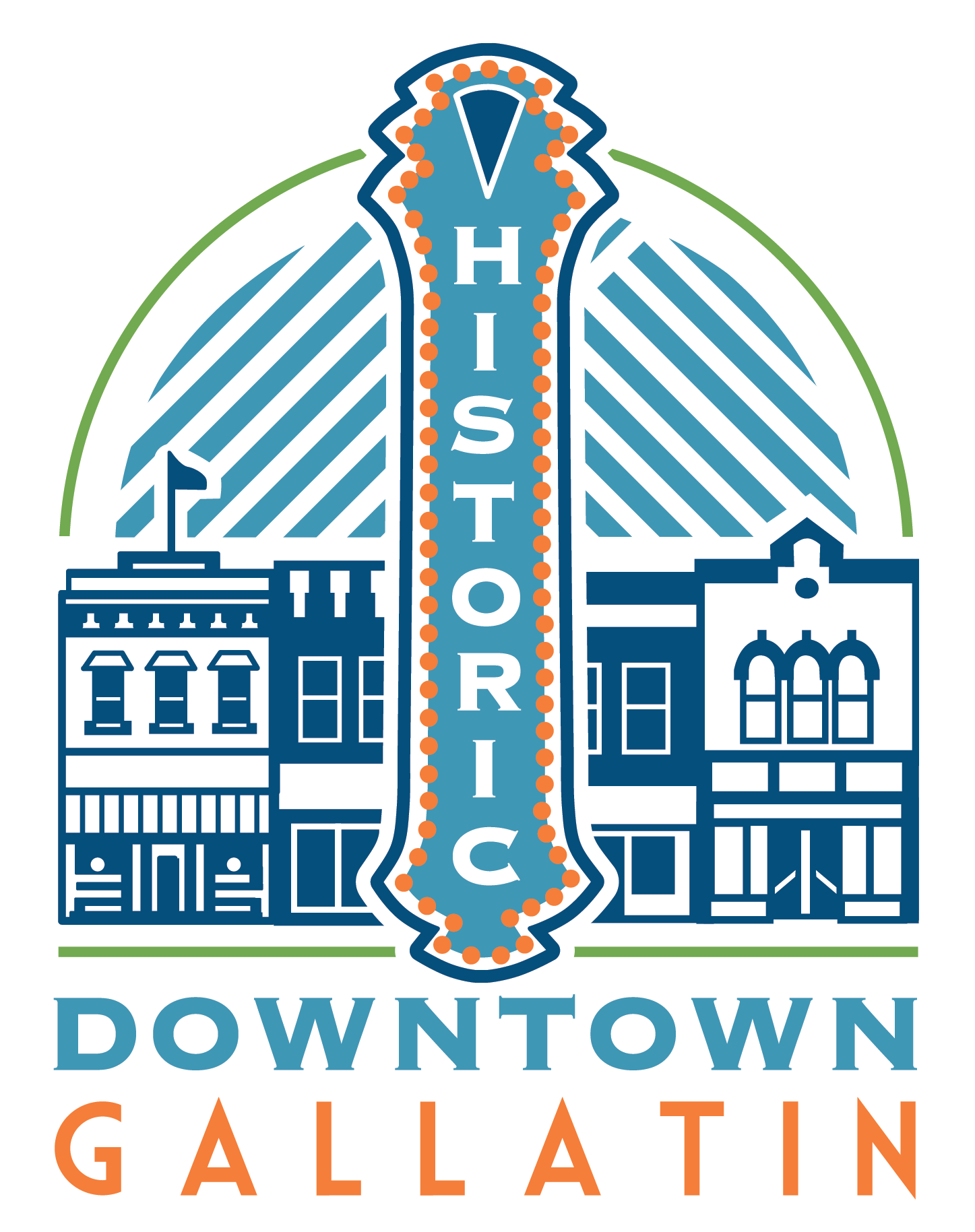 Illustration of a city building with an irrigation canal running through the center, featuring the words "Downtown Gallatin" at the bottom.