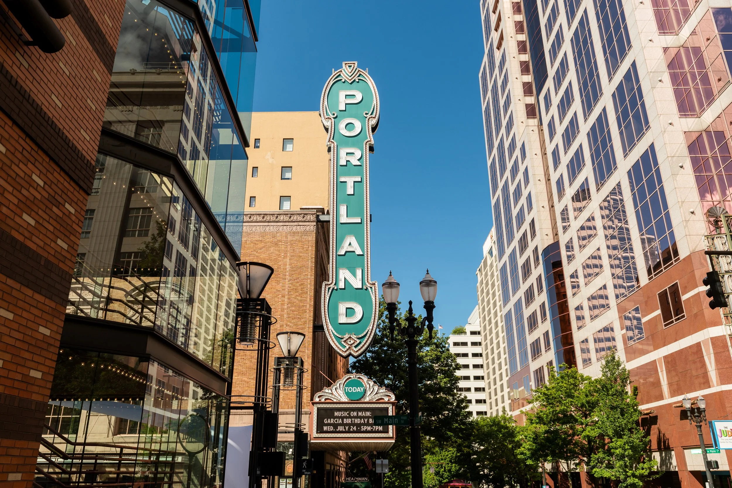 View of Portland sign in downtown Portland