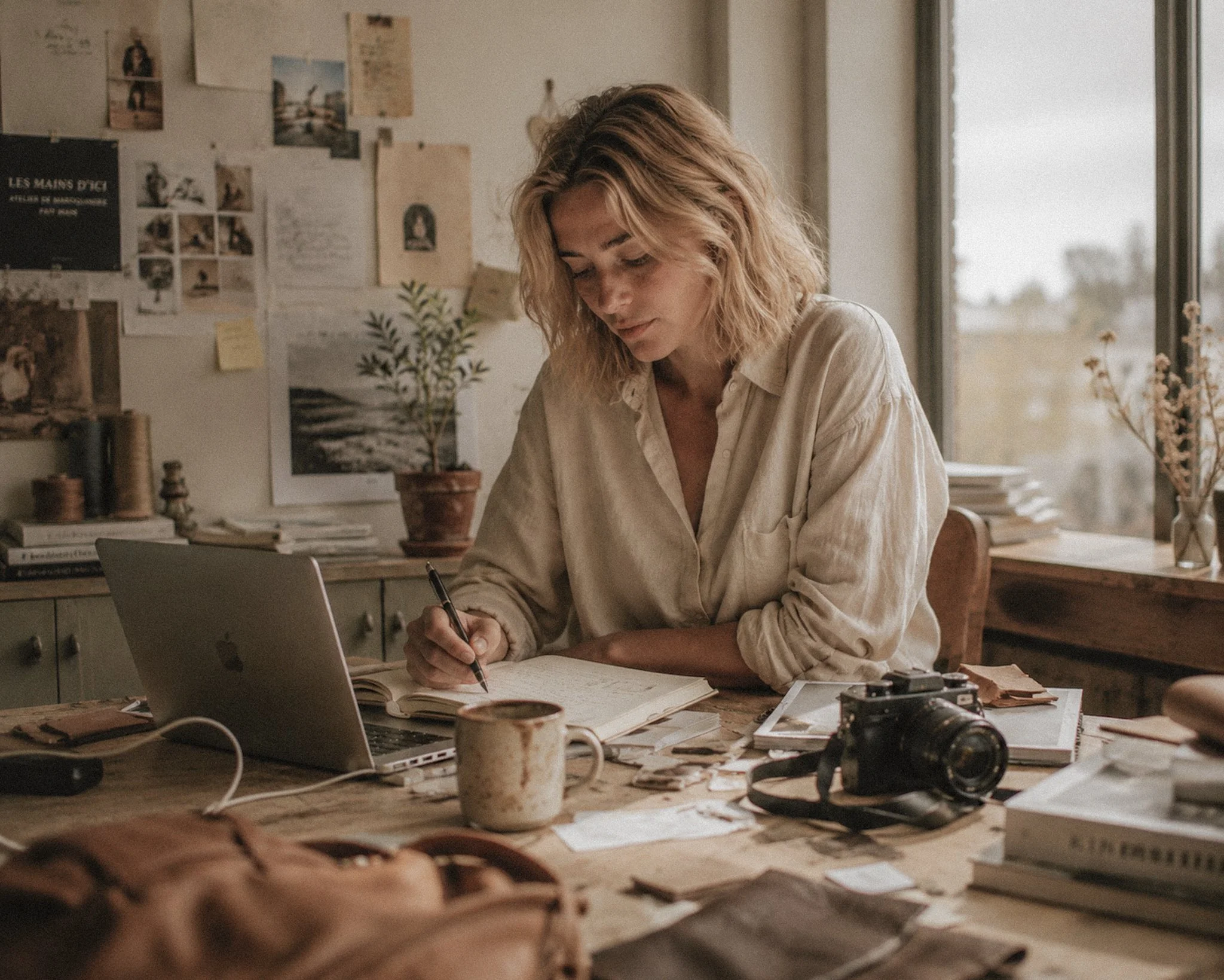 Femme en chemise de lin écru travaillant à son bureau créatif avec carnet, ordinateur et appareil photo – affiche Les Mains d'ici Atelier de maroquinerie fait main en arrière-plan – Page contact