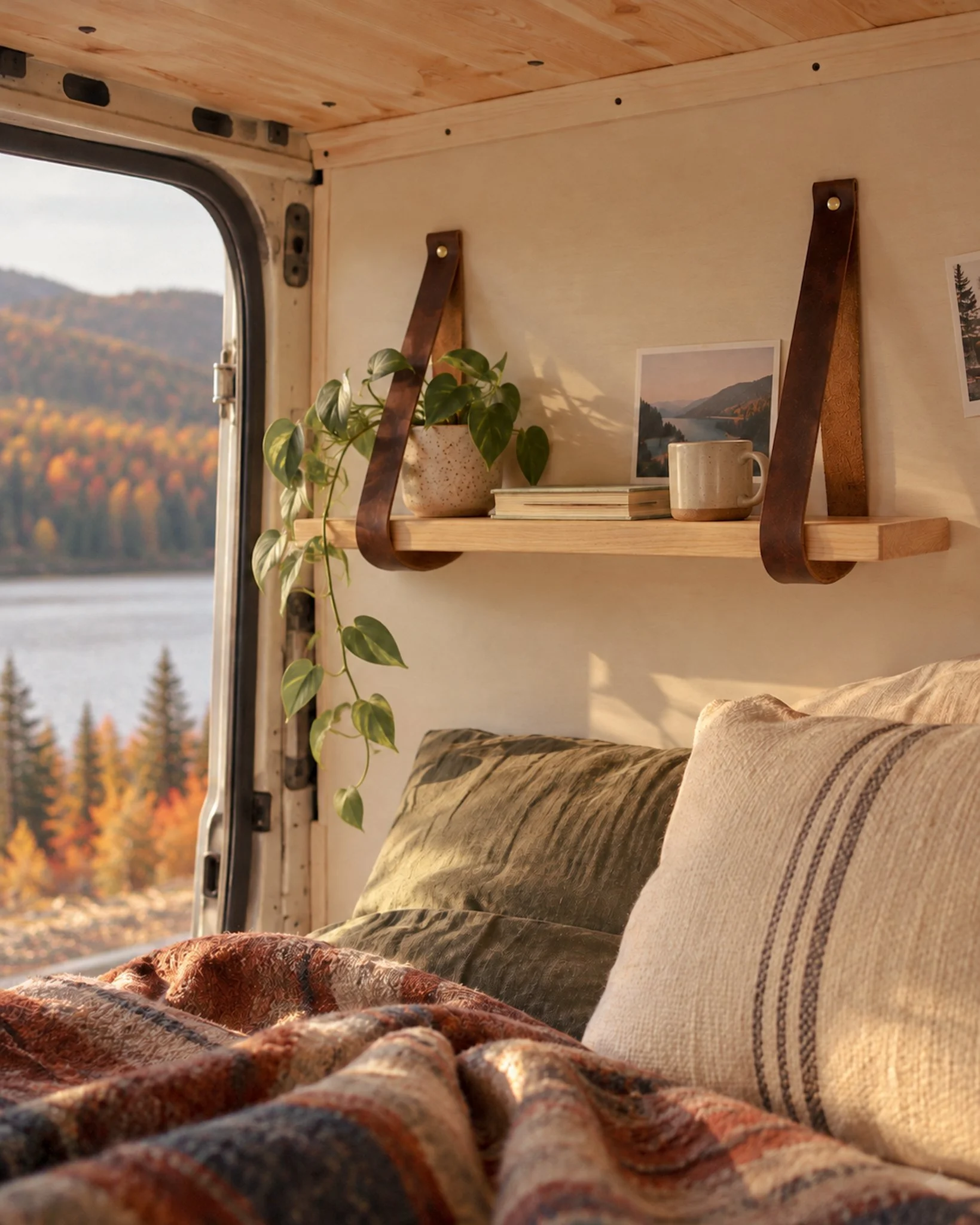 Sur la route, on retire la tablette. Une fois &agrave; l&rsquo;arr&ecirc;t, nos sangles en cuir permettent de recr&eacute;er son petit chez-soi en un instant. 🍁🚐

#qu&eacute;bec