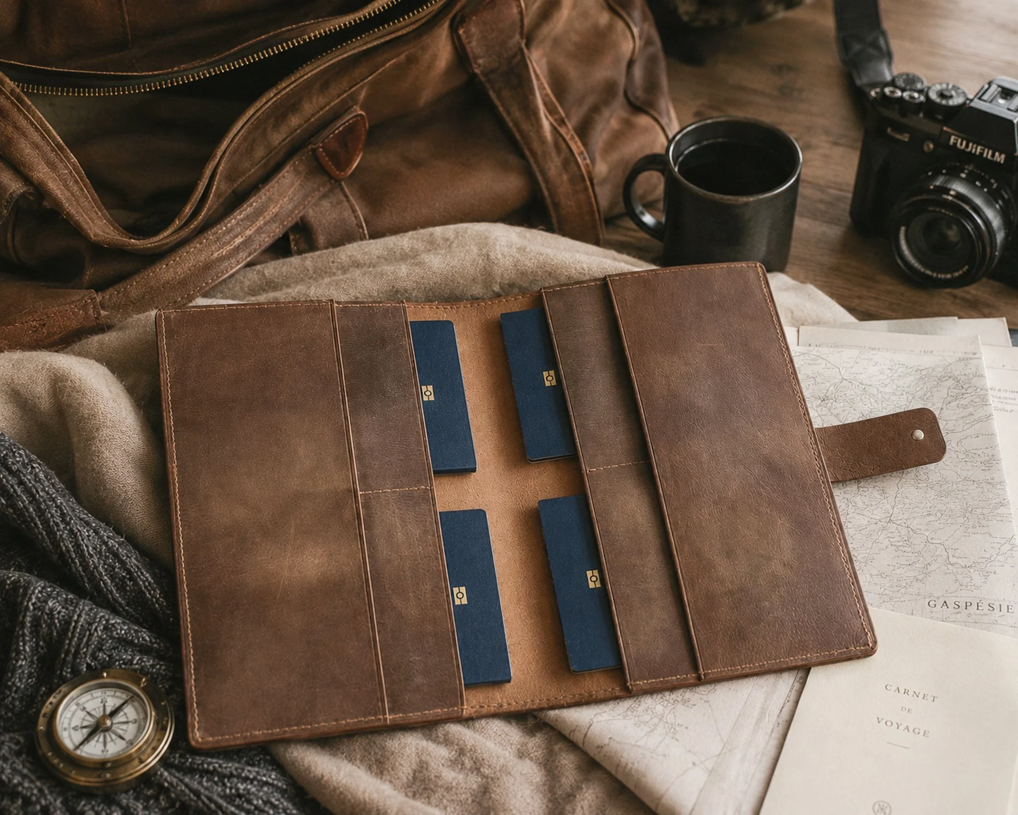 Organisateur porte-passeport familial en cuir brun cognac ouvert avec quatre passeports bleus, posé sur carte de la Gaspésie et carnet de voyage – fait main au Québec – Les Mains d'ici