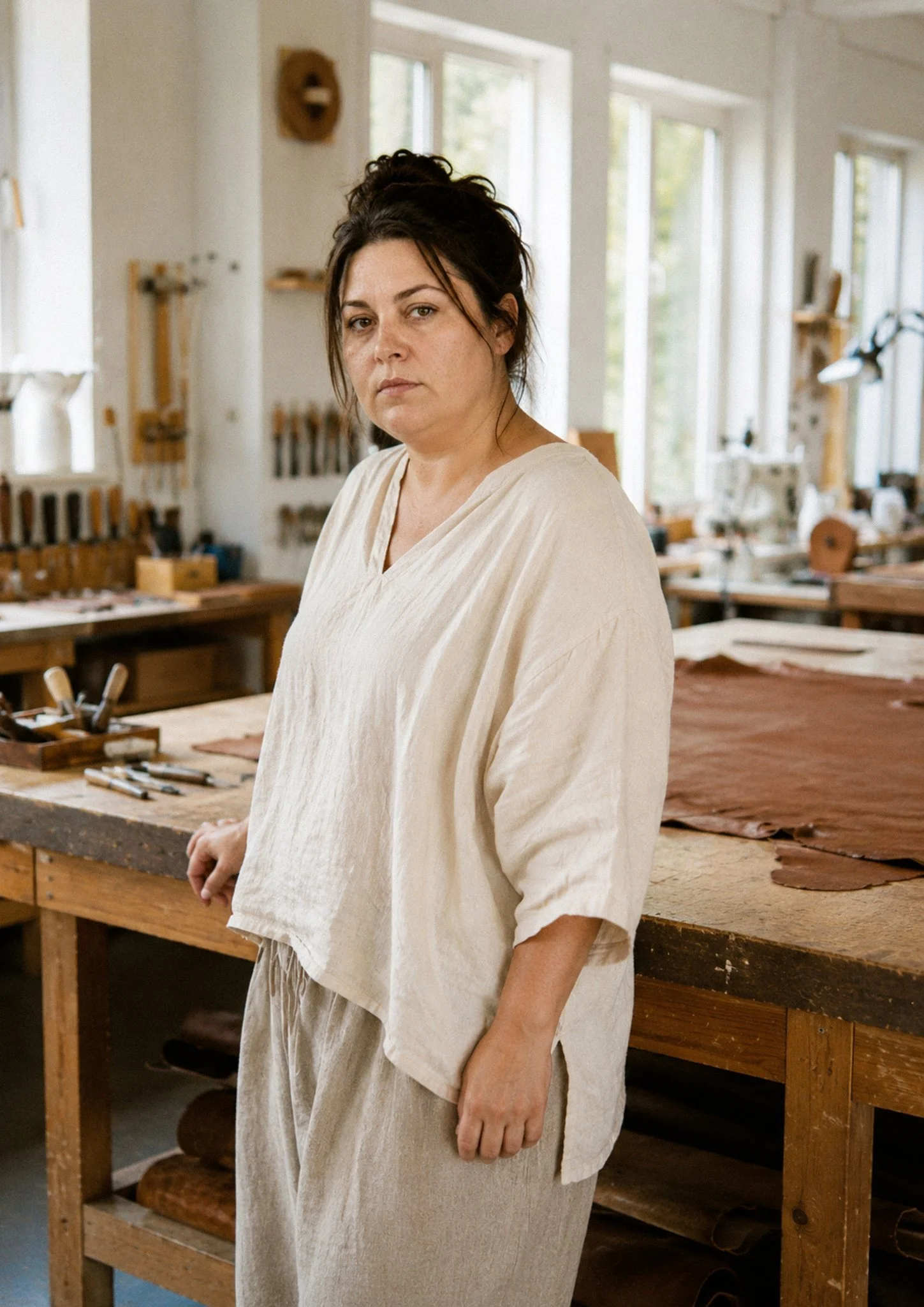 Mélanie, maroquinière artisane québécoise, dans l'atelier de fabrication du cuir – Les Mains d'ici