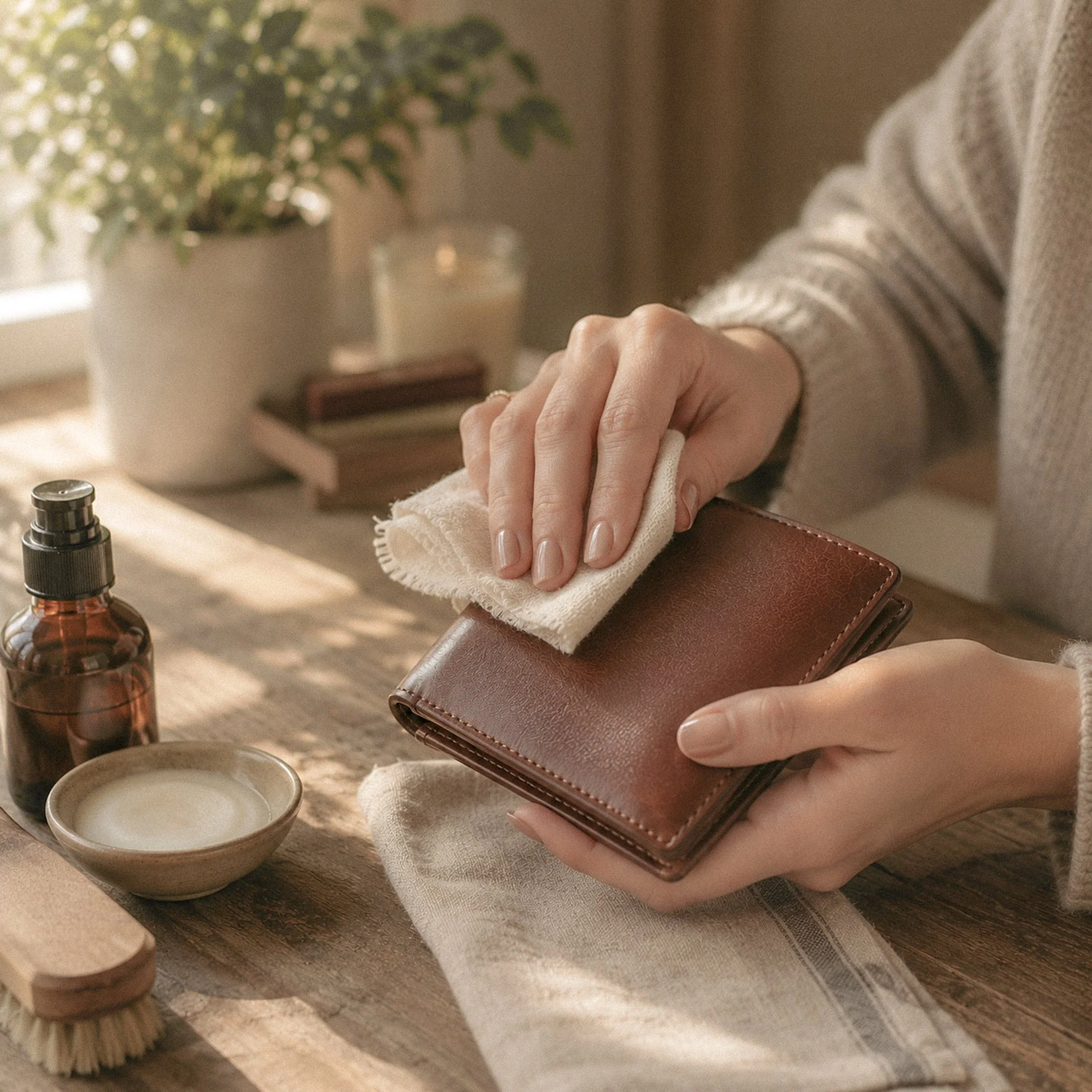 Nettoyage d'un portefeuille en cuir artisanal avec baume, brosse et chiffon – Guide entretien cuir – Les Mains d'ici Québec