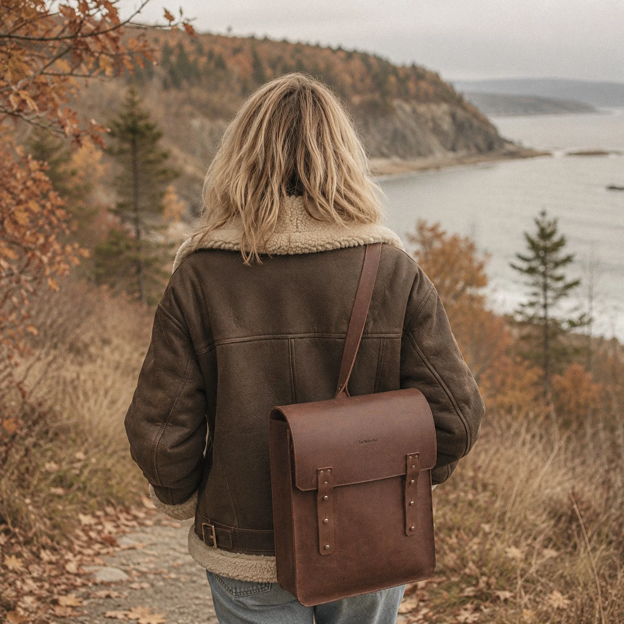 Femme de dos portant un sac à dos en cuir artisanal avec belle patine naturelle sur un sentier en Gaspésie à l'automne – Les Mains d'ici Québec