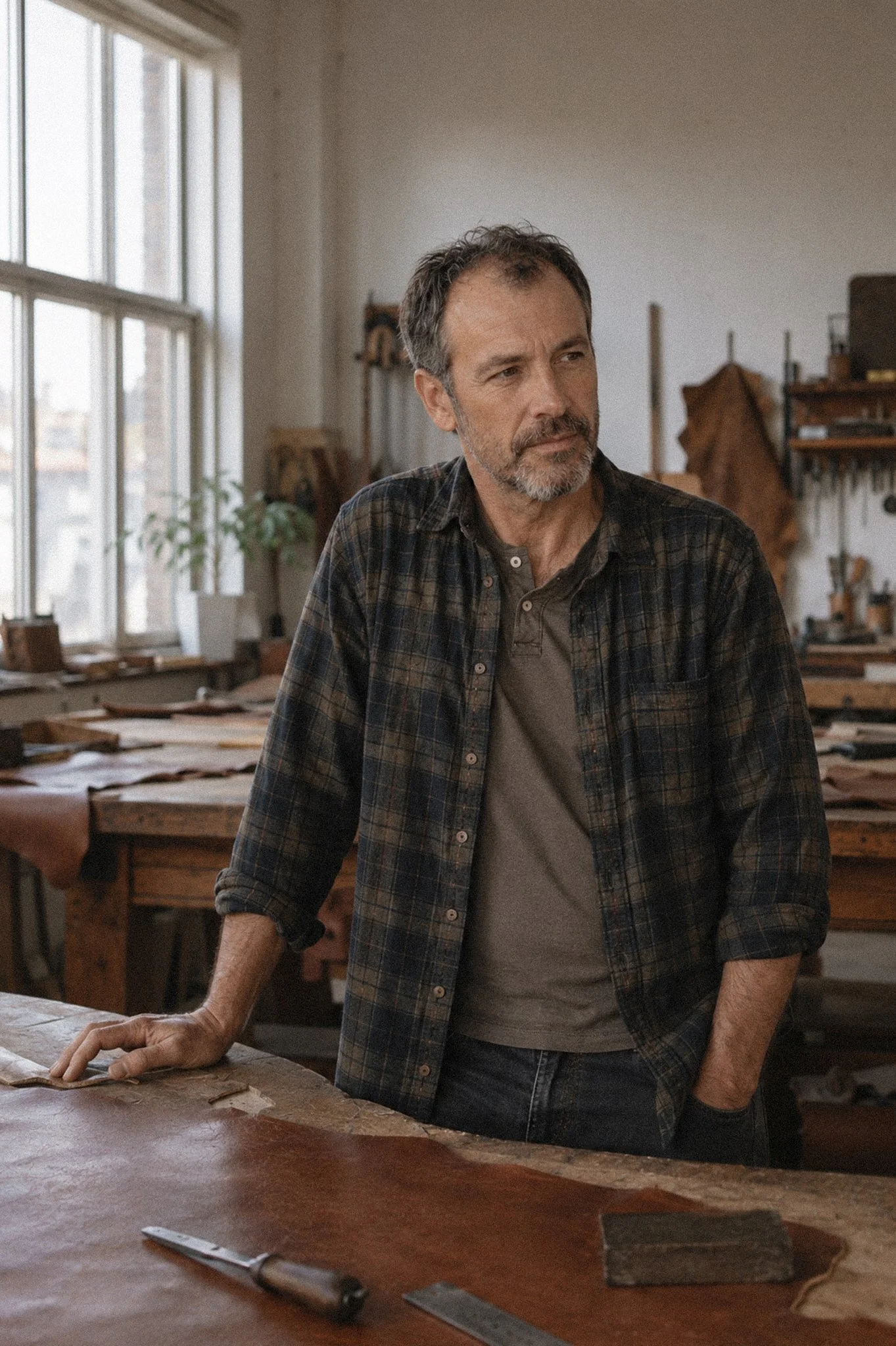 Martin, maroquinier artisan québécois, dans son atelier de travail du cuir – Les Mains d'ici