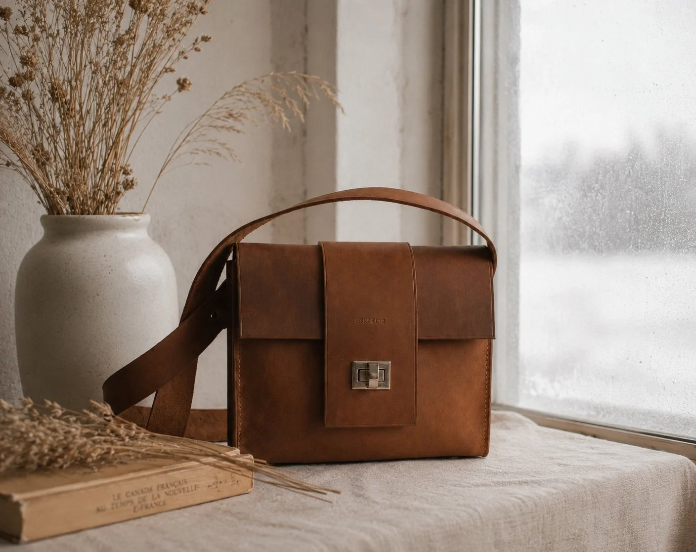 Sacoche cuir cognac Lisa posée à plat, détail fermoir et coutures – artisanal fait main au Québec – Les Mains d'ici