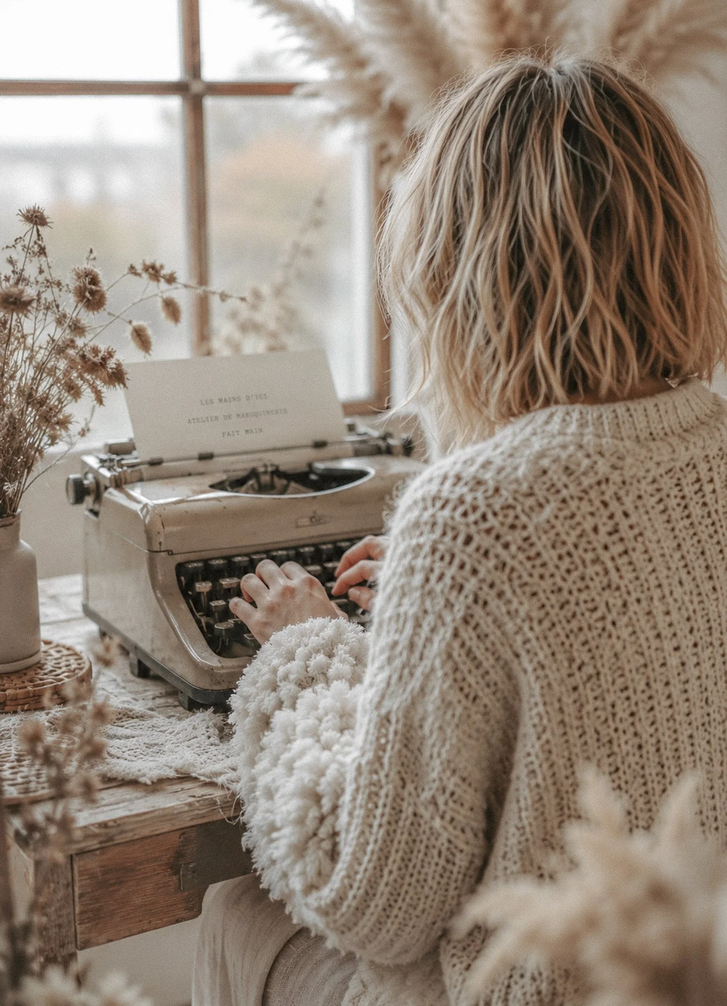 Femme en chandail de laine écru tapant sur une machine à écrire vintage avec la feuille "Les Mains d'ici – Atelier de maroquinerie – Fait main" – Blog artisanat québécois