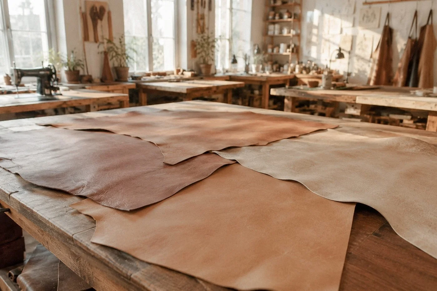 Peaux de cuir pleine fleur dans l'atelier de maroquinerie artisanale Les Mains d'ici, Québec
