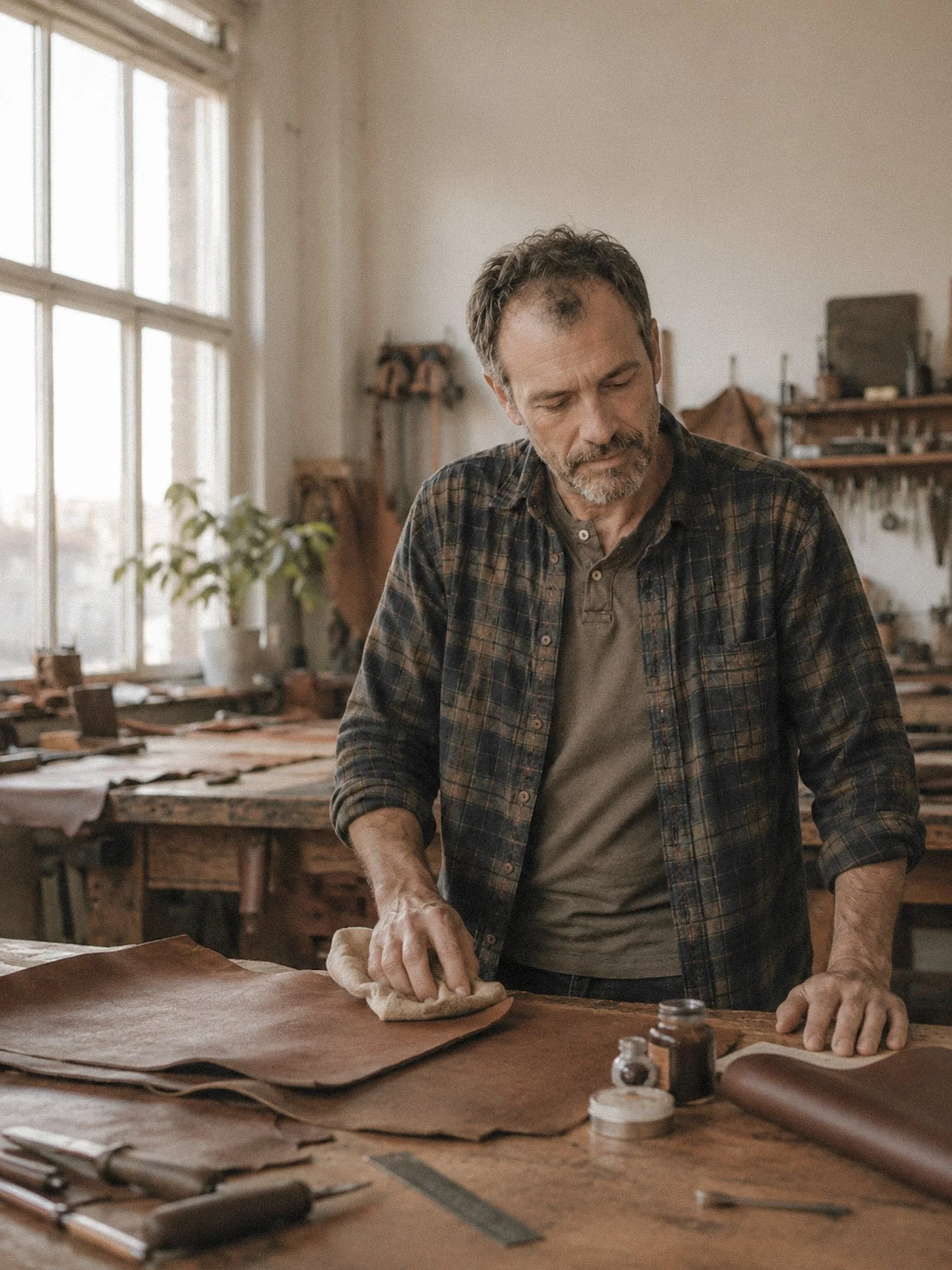 Martin, maroquinier artisan de Les Mains d'ici, appliquant de la cire pour patiner une peau de cuir dans son atelier au Québec