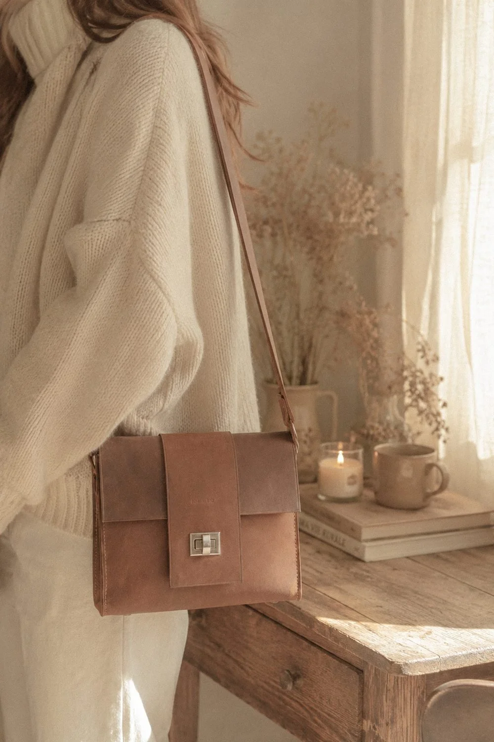 Sacoche Lisa en cuir pleine fleur portée dans un intérieur chaleureux – maroquinerie artisanale Les Mains d'ici, Québec