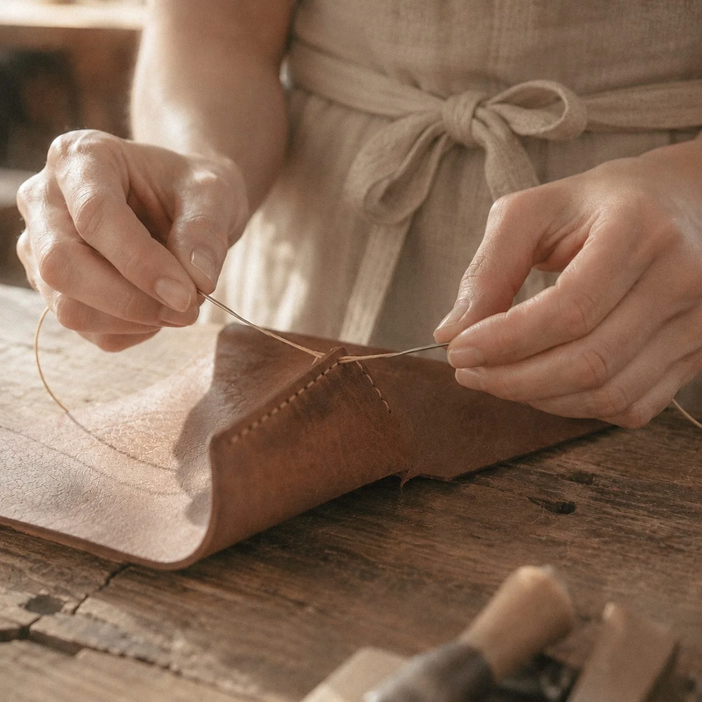 Couture main sur cuir pleine fleur – artisanat maroquinerie fait main au Québec, Les Mains d'ici