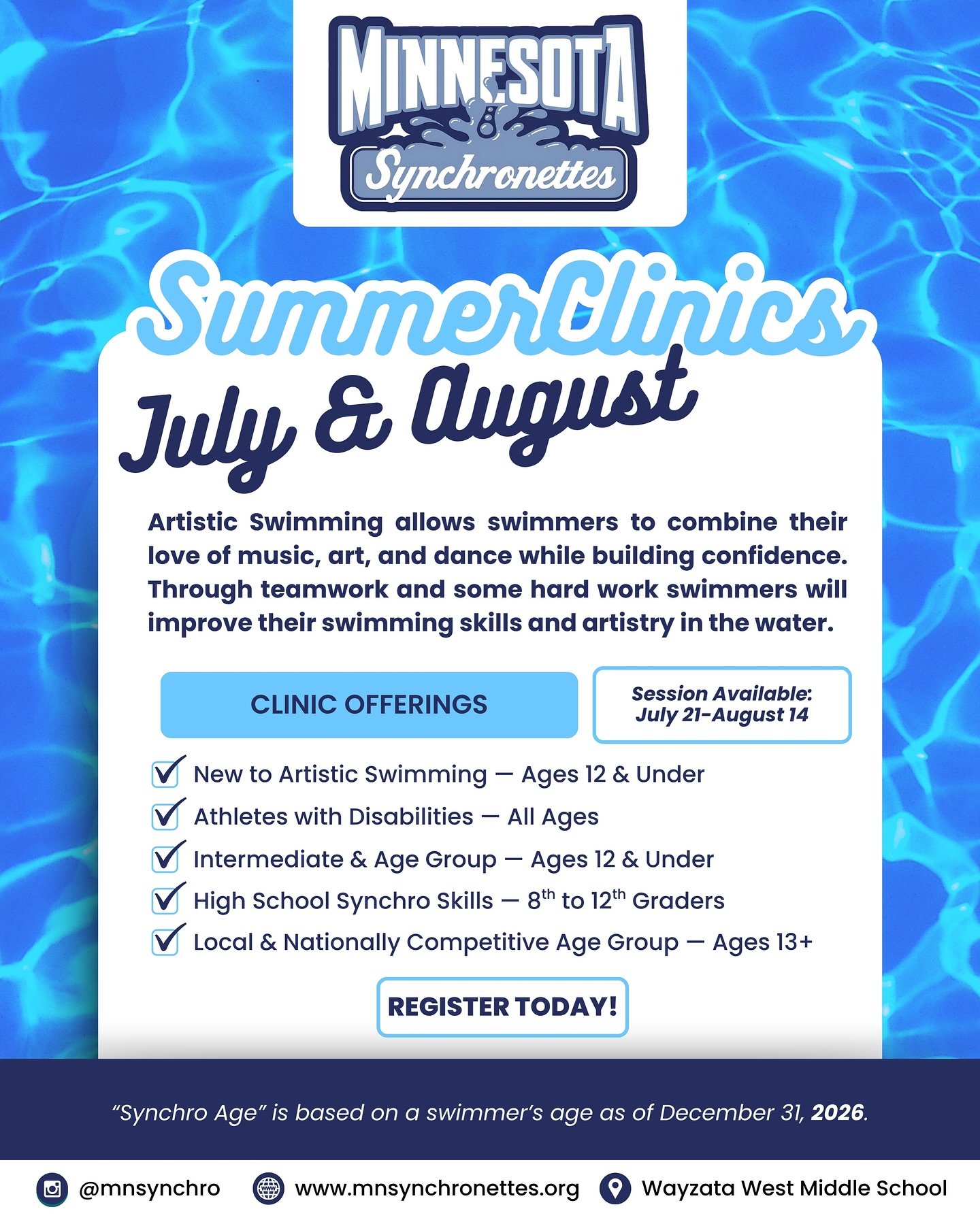If your child enjoys dance, music, art, and swimming this camp will be a blast!
Come experience Artistic/Synchronized Swimming with the Minnesota Synchronettes!
πͺ© πΆ π¨ π‍βοΈ
Multiple summer sessions are available. Practices start as soon as