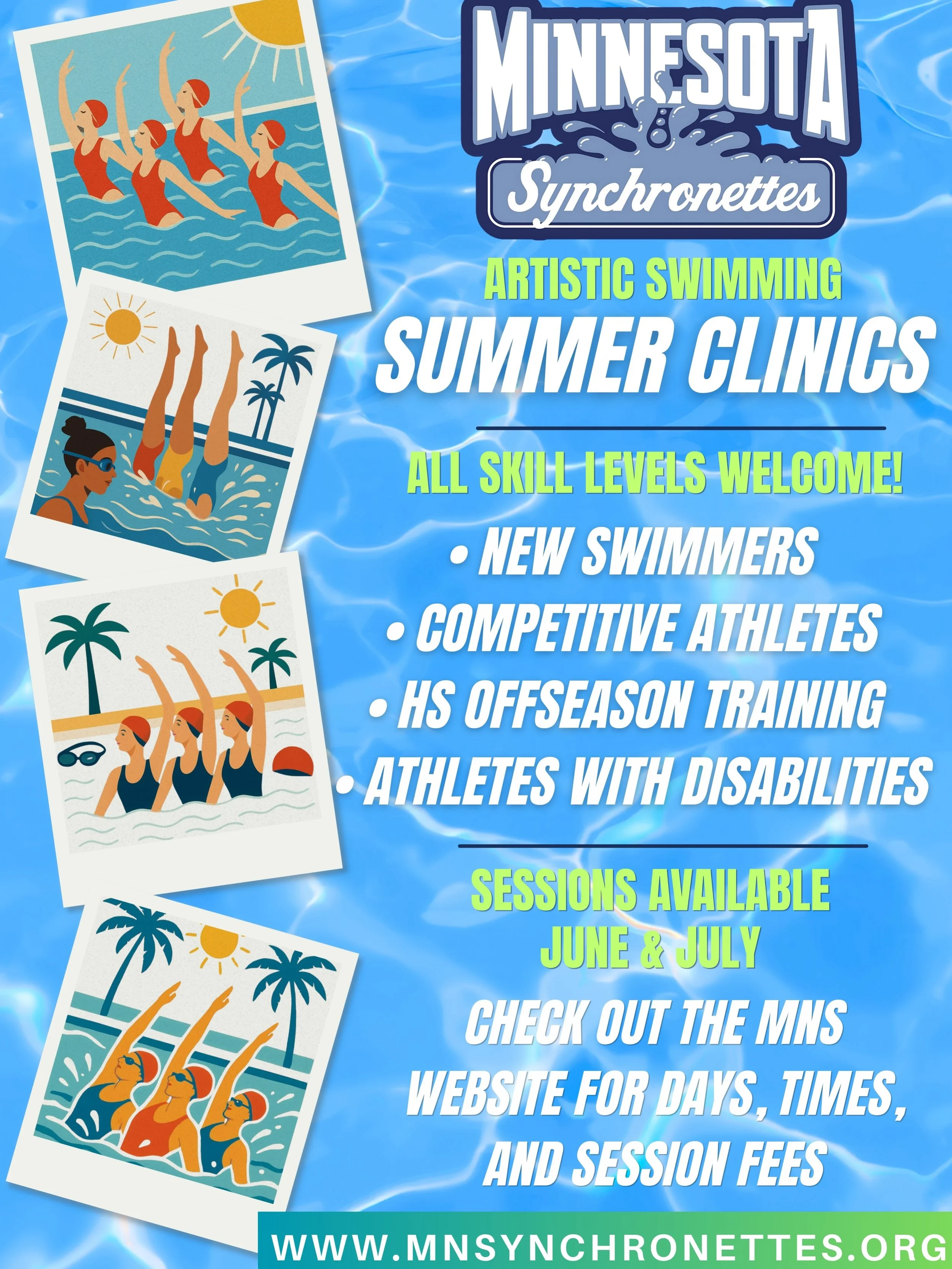 Does your child love dance, music, art, and swimming? Check out the Minnesota Synchronettes summer clinics for a fun way to tap into their creativity. Classes start as soon as Monday, June 8th. Sessions are available in June and July.
🎨🌊🎵

For reg