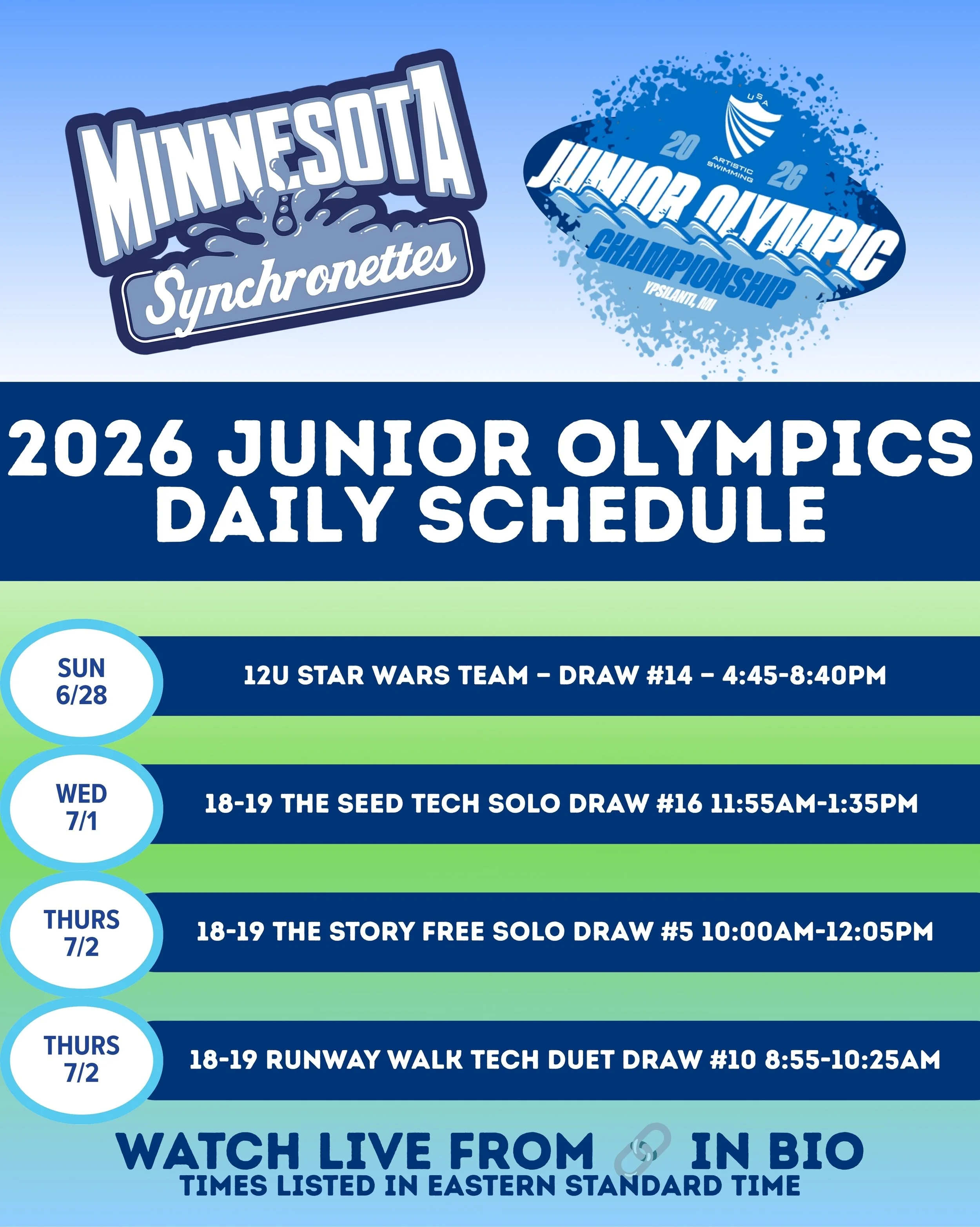 @mnsynchronettes are kicking off 2026 Junior Olympic Championships with 12U Age Group figures this morning. We are so exited to have 4 new swimmers attending JOs this year! Tune in to watch these events this week and cheer on the Synchronettes as the