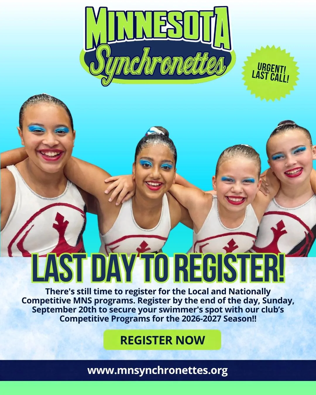 ⏰ 1 MORE DAY TO REGISTER! ⏰
There's still time to register for the Local and Nationally Competitive MNS programs. Register by the end of the day, Sunday, September 20th to secure your swimmer's spot with our club!
💙💚 Don't miss your chance to join 