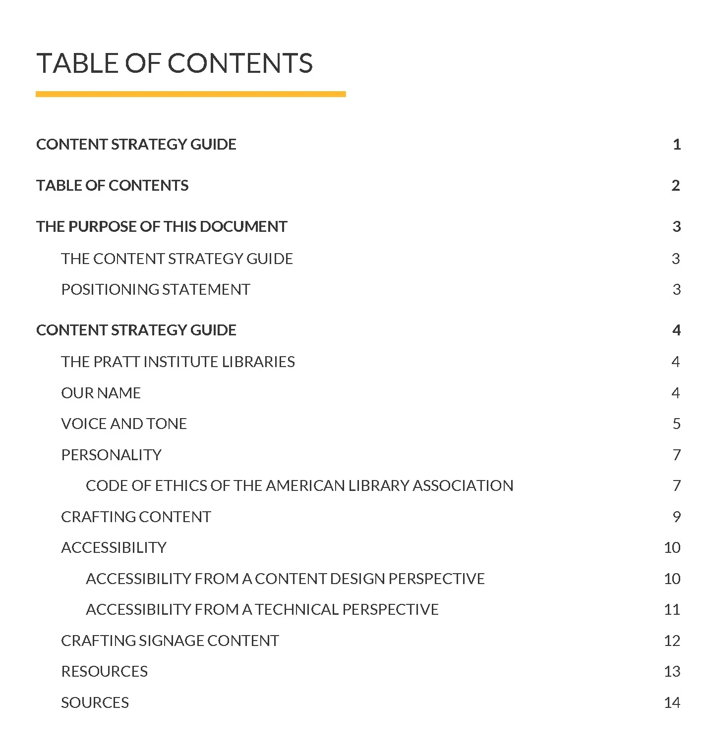 This Contents page for the Content Strategy Guide shows all of the features needed to support the styling of content in The Libraries and on the web, including key tips and guidelines for Accessibility.