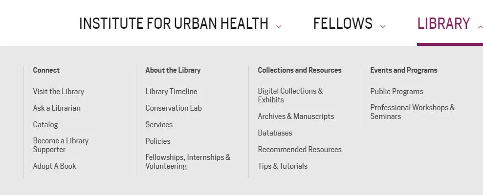 The NYAM Library megamenu TODAY. They opted for most of our changes!