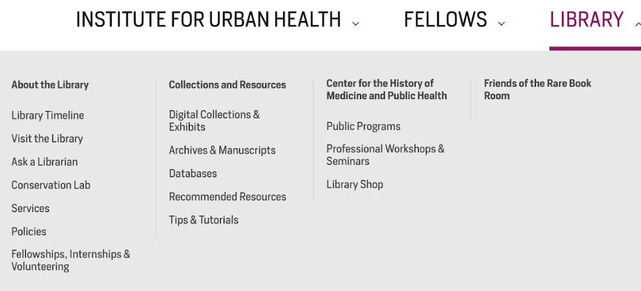 NYAM Library mega menu BEFORE our changes were made.