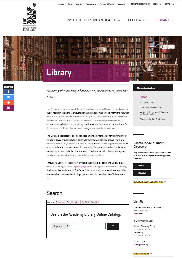 The home page of the NYAM Library, at the time of our research project.