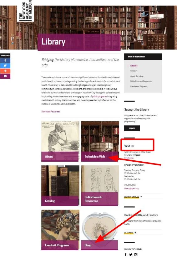 The NEW re-designed home page of the NYAM Library website.