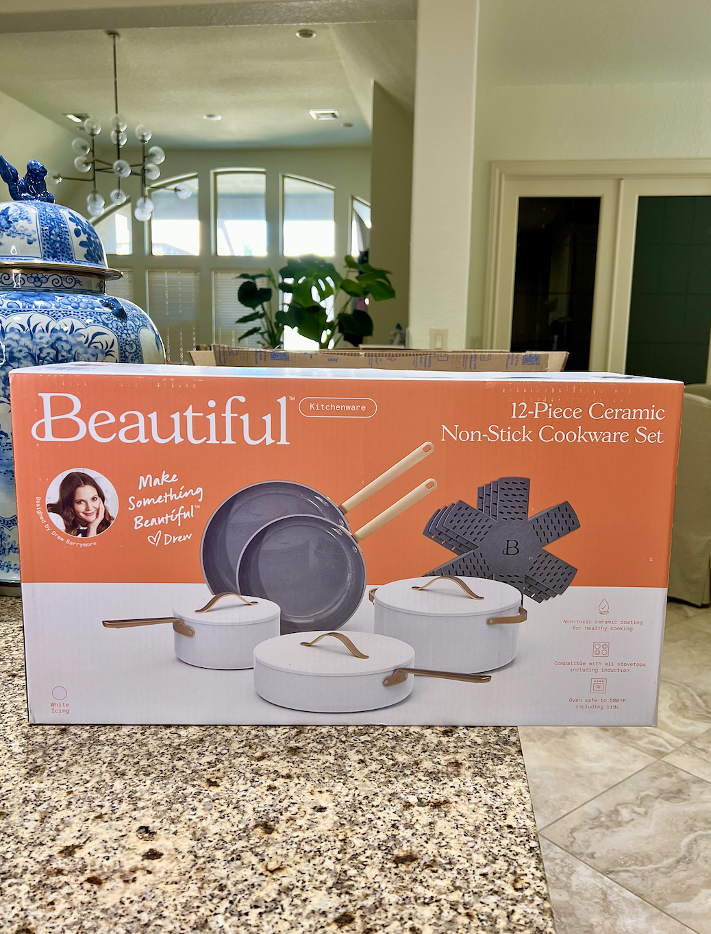 Beautiful 12pc Ceramic Non-Stick Cookware Set, White Icing by Drew Barrymore