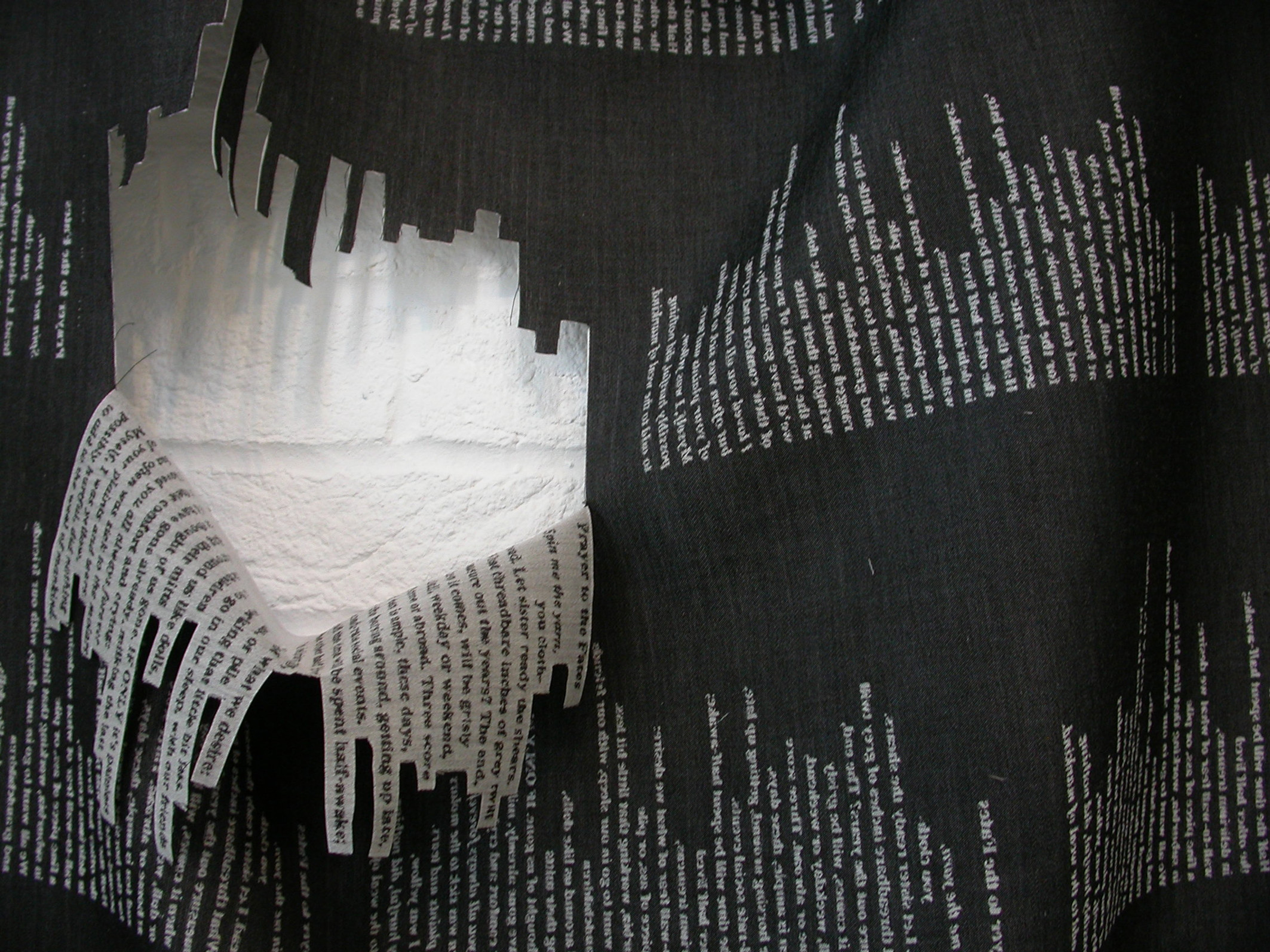 Project Poetry! 'Prayer to the Fates' 2004. Collaborative project with poet Andrew Dilger for The South, a promotional organisation for poerty in the South of England. 100% cotton.