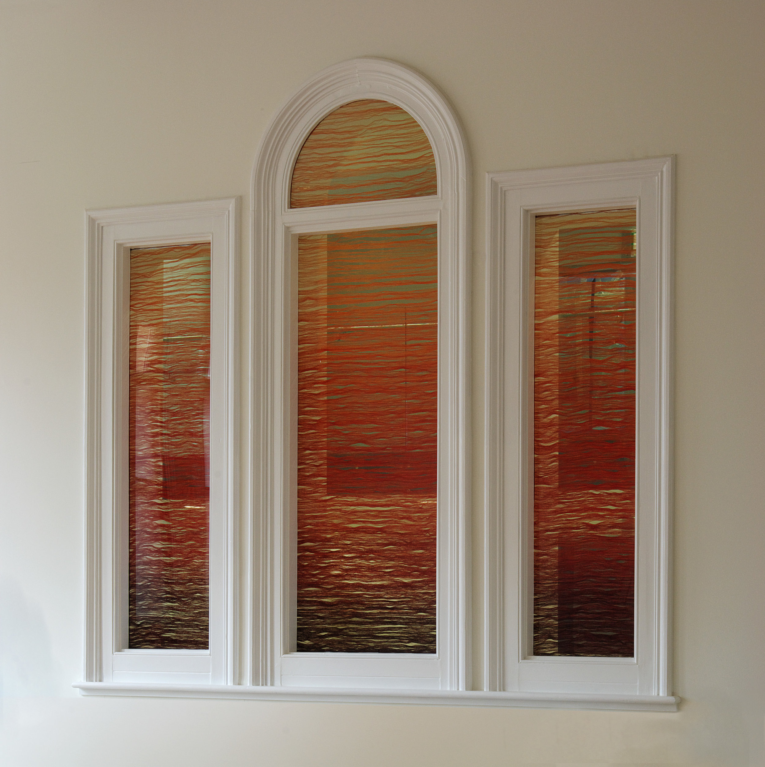 The Beaney Museumaker commision triptypch window 2011-12. Photo courtesy of Canterbury Museums and Galleries. Cotton, linen and silk encased in glass.