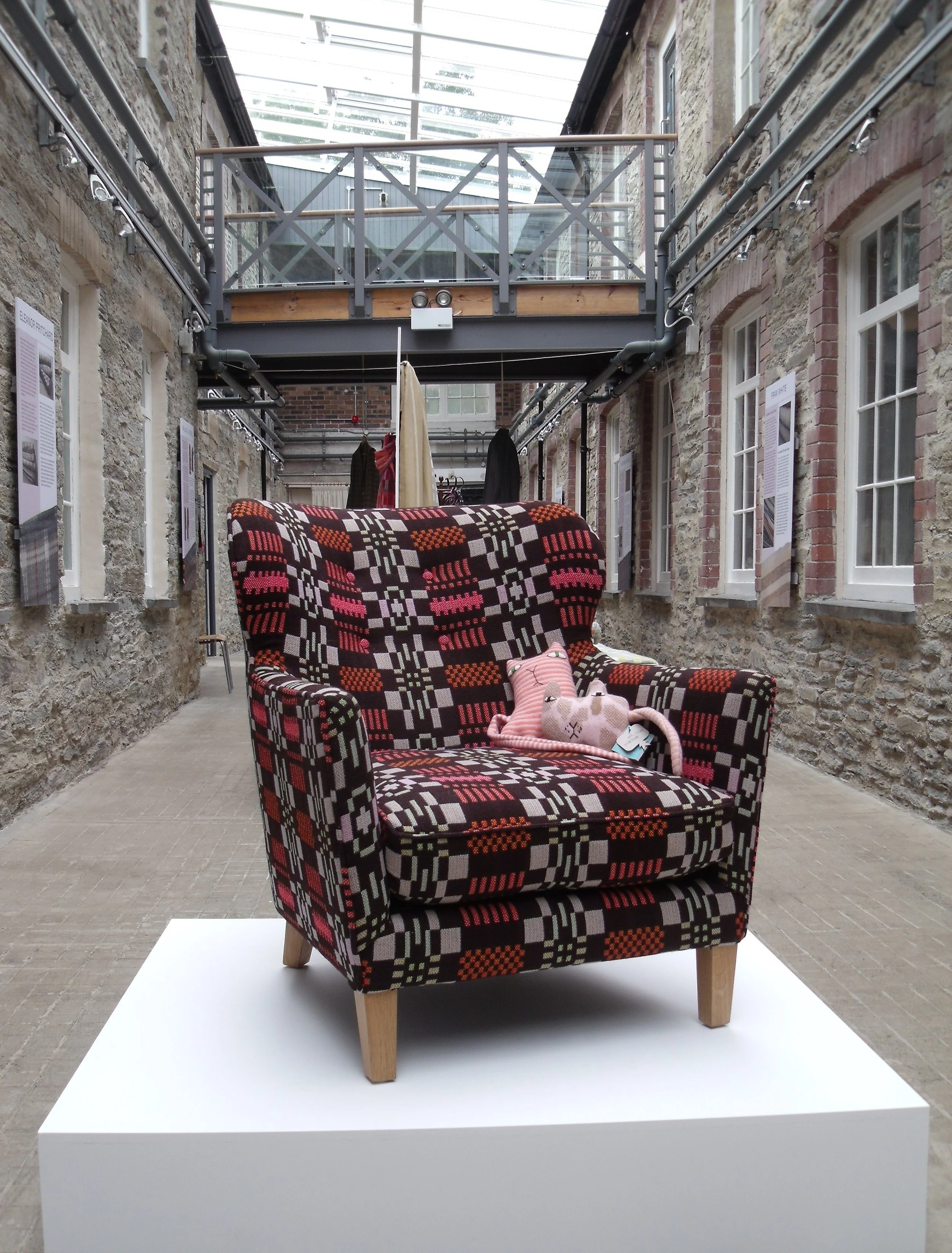 warp+weft, from handloom to production. 2010. National Wool Musuem. Armchair, Donna Wilson for SCP. Creatures by Donna Wilson.