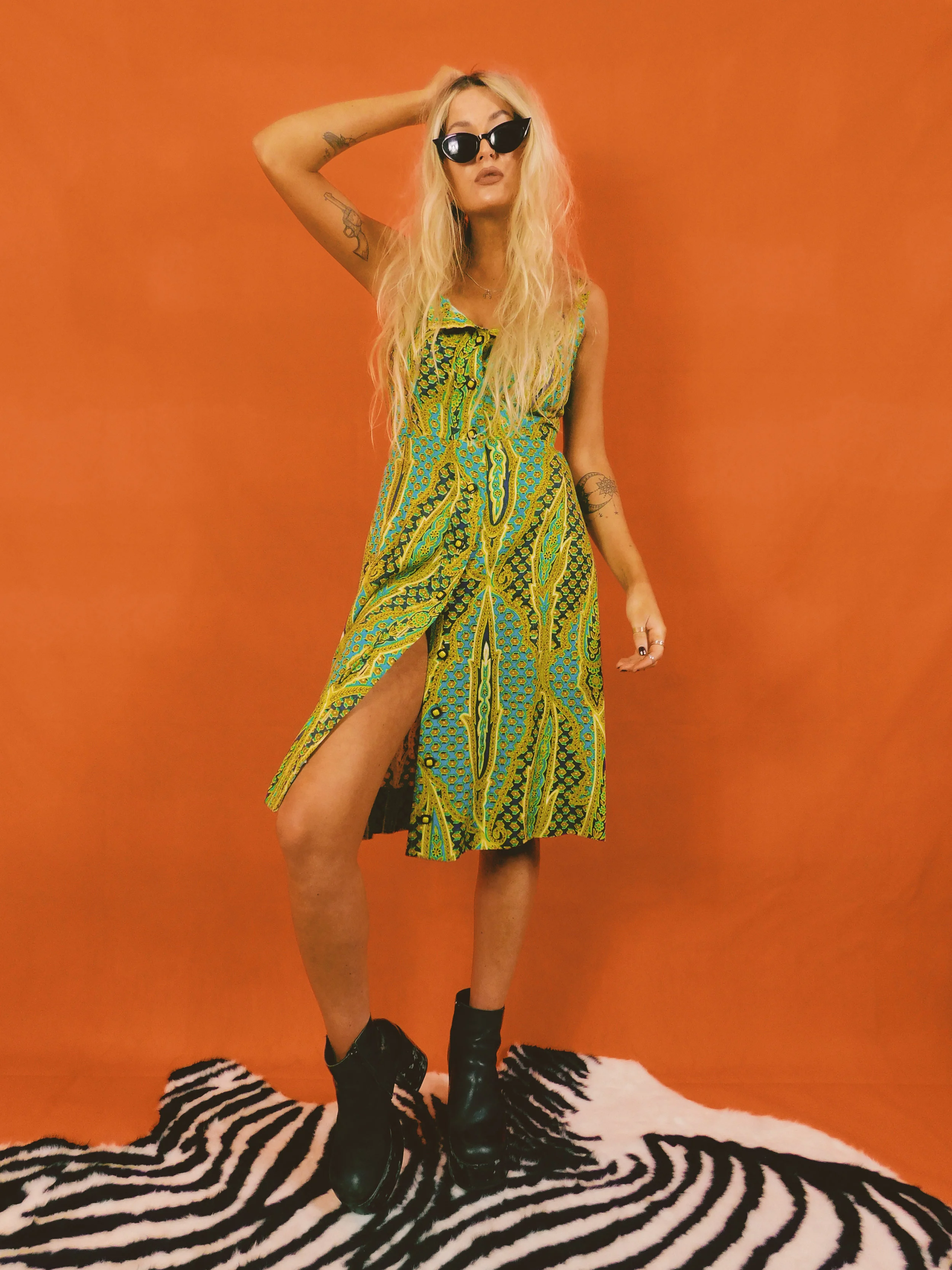 RUBBER SOUL : Vintage 60s Turquoise Psychedelic Cotton Button Dress - XS / UK 8