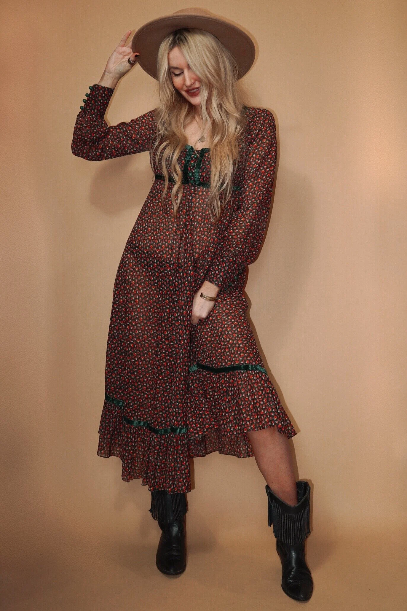 POPPY : Vintage 70s Floral Sheer Maxi Dress with Velvet Trim - SMALL