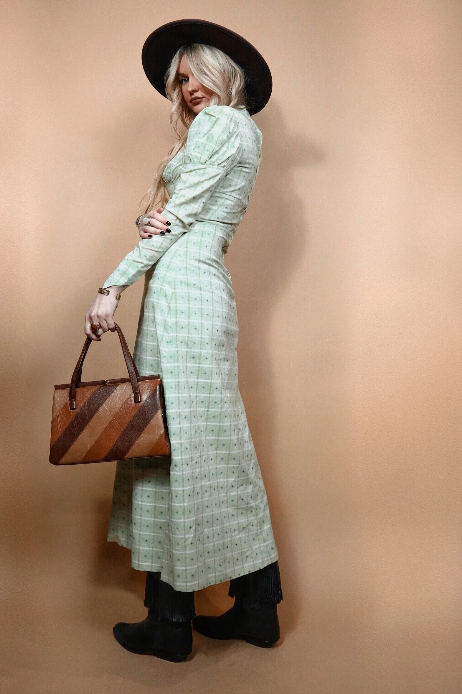 JOLENE : Vintage 70s Pale Green Prairie Cotton Maxi Dress - XS / UK 8