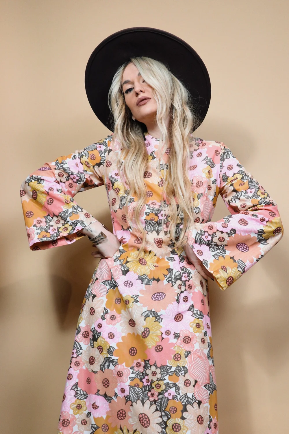 knee length dresses for ladies Late 60s Yellow Lace Hippie Flower Child Bell Sleeve Maxi Dress XS –  rollwithitvintage main image 1