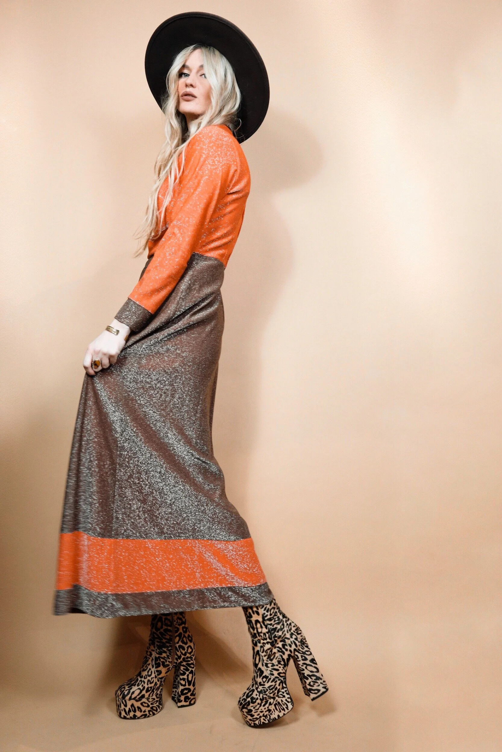 CHARLIE : Vintage 70s Orange Brown Lurex Shimmering Maxi Dress : MEDIUM / UK 12