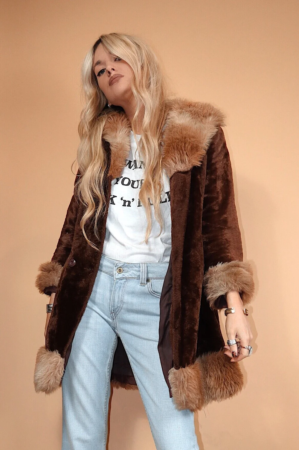 VINTAGE 70S FAUX FUR PENNY LANE STYLE COAT SMALL UK 10