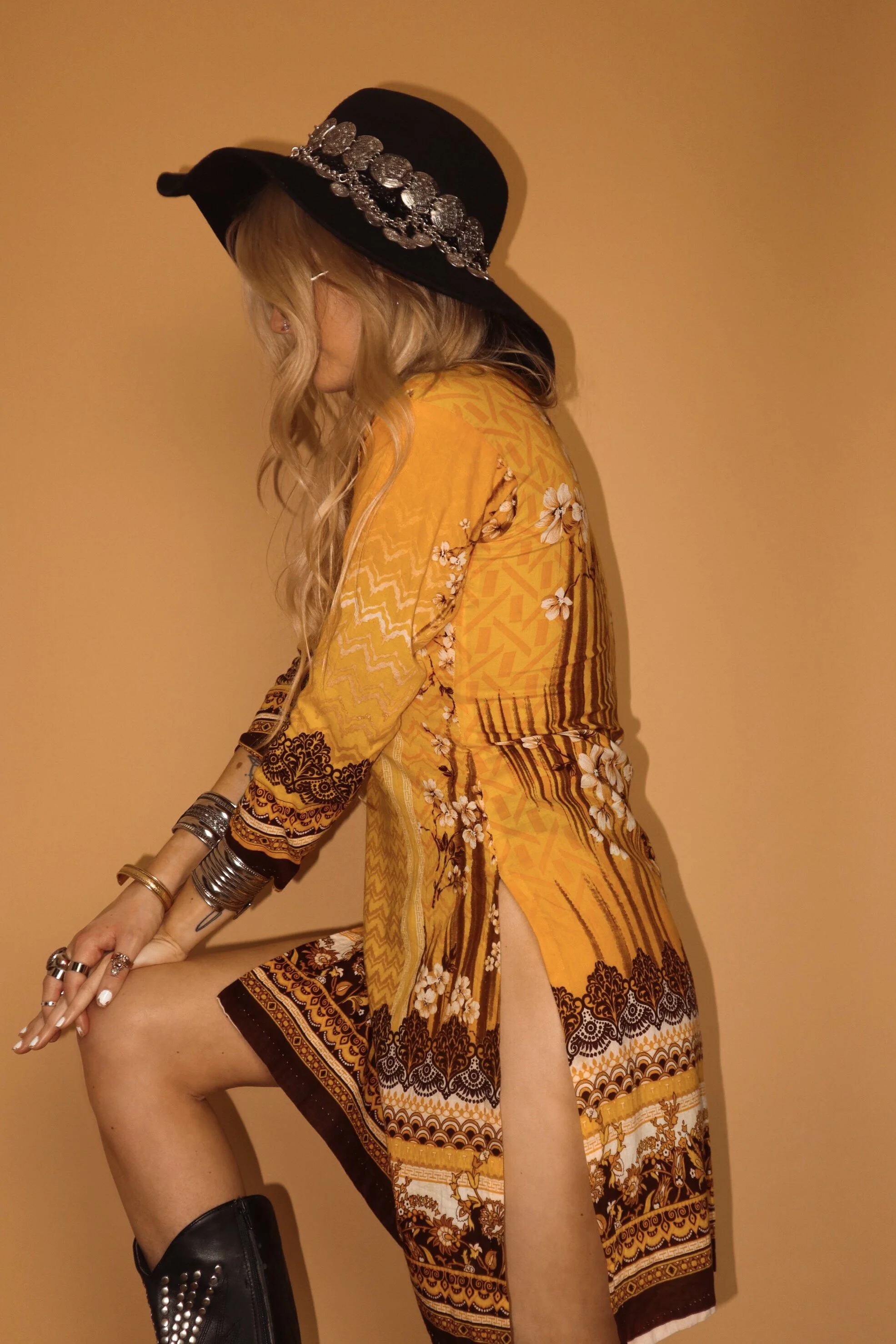 PATTIE : MUSTARD YELLOW BLOCK PRINT INDIAN SUMMER TUNIC - SMALL