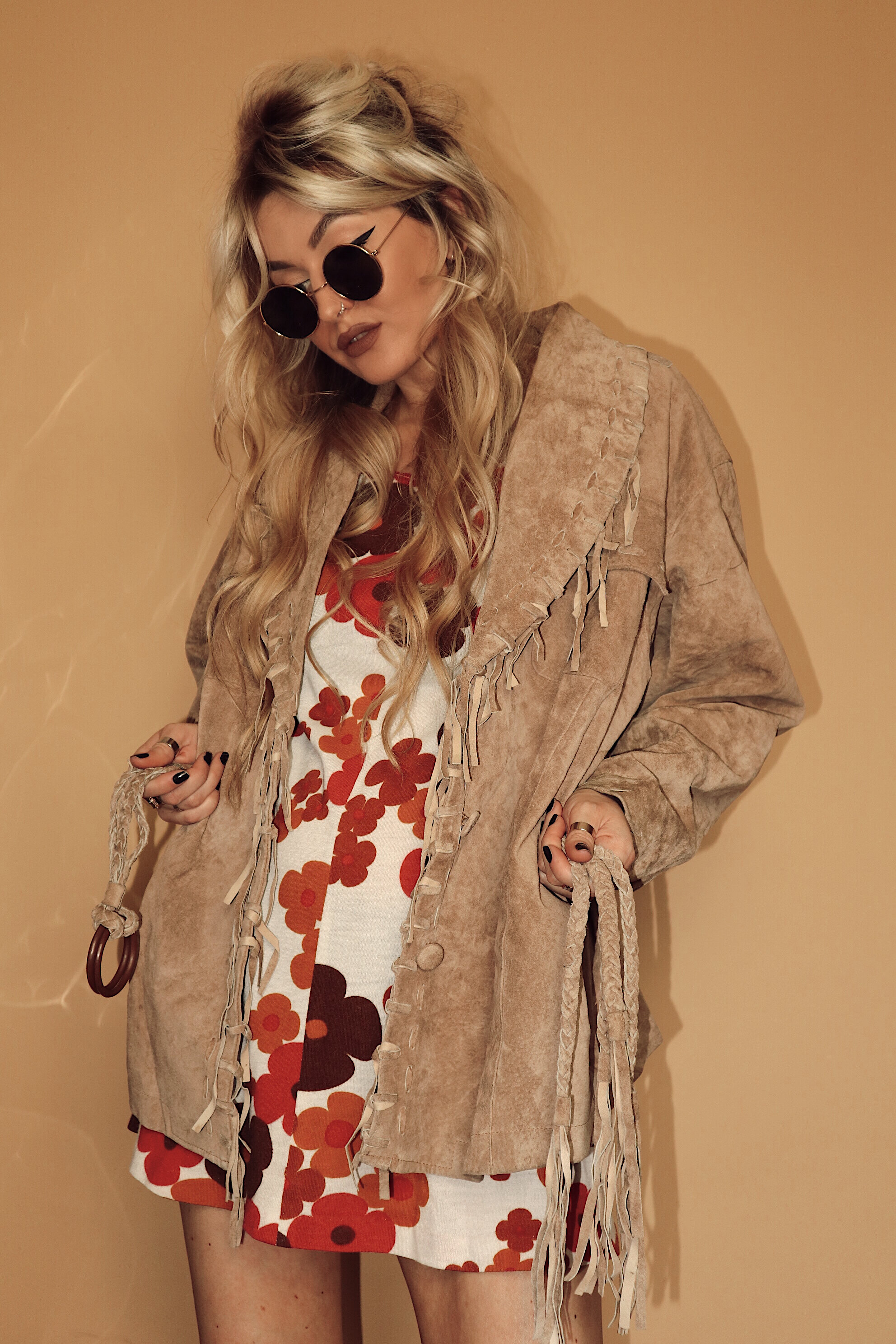 SHARON : Vintage Suede Leather Whip-stitched Belted Jacket - MEDIUM