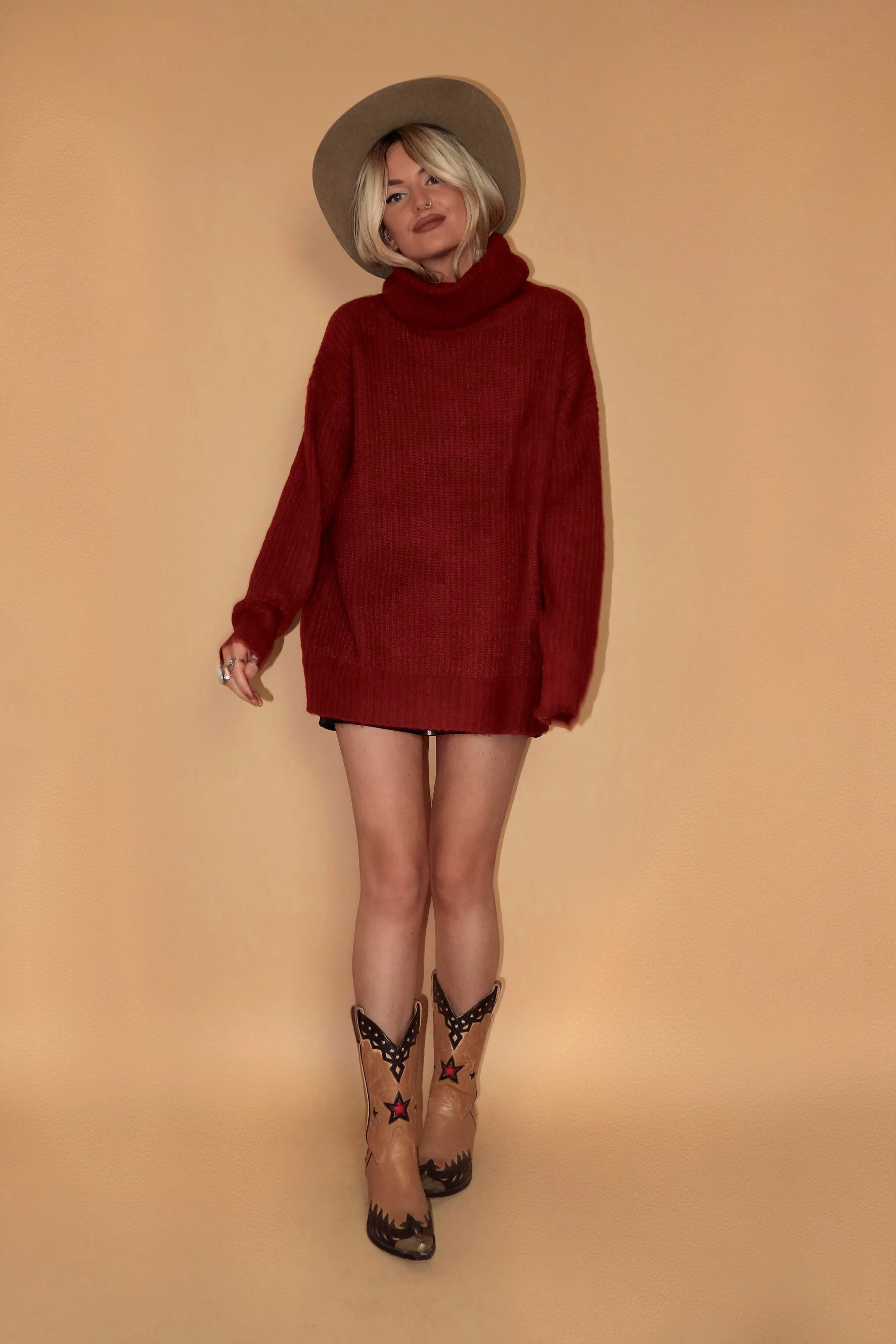 RUST OVERSIZED ROLL NECK KNIT JUMPER 