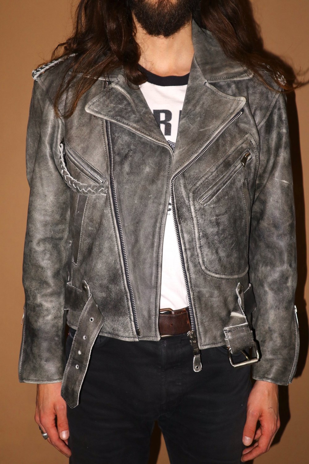 VINTAGE 80S GUNMETAL GREY MEN'S LEATHER BIKER JACKET SMALL